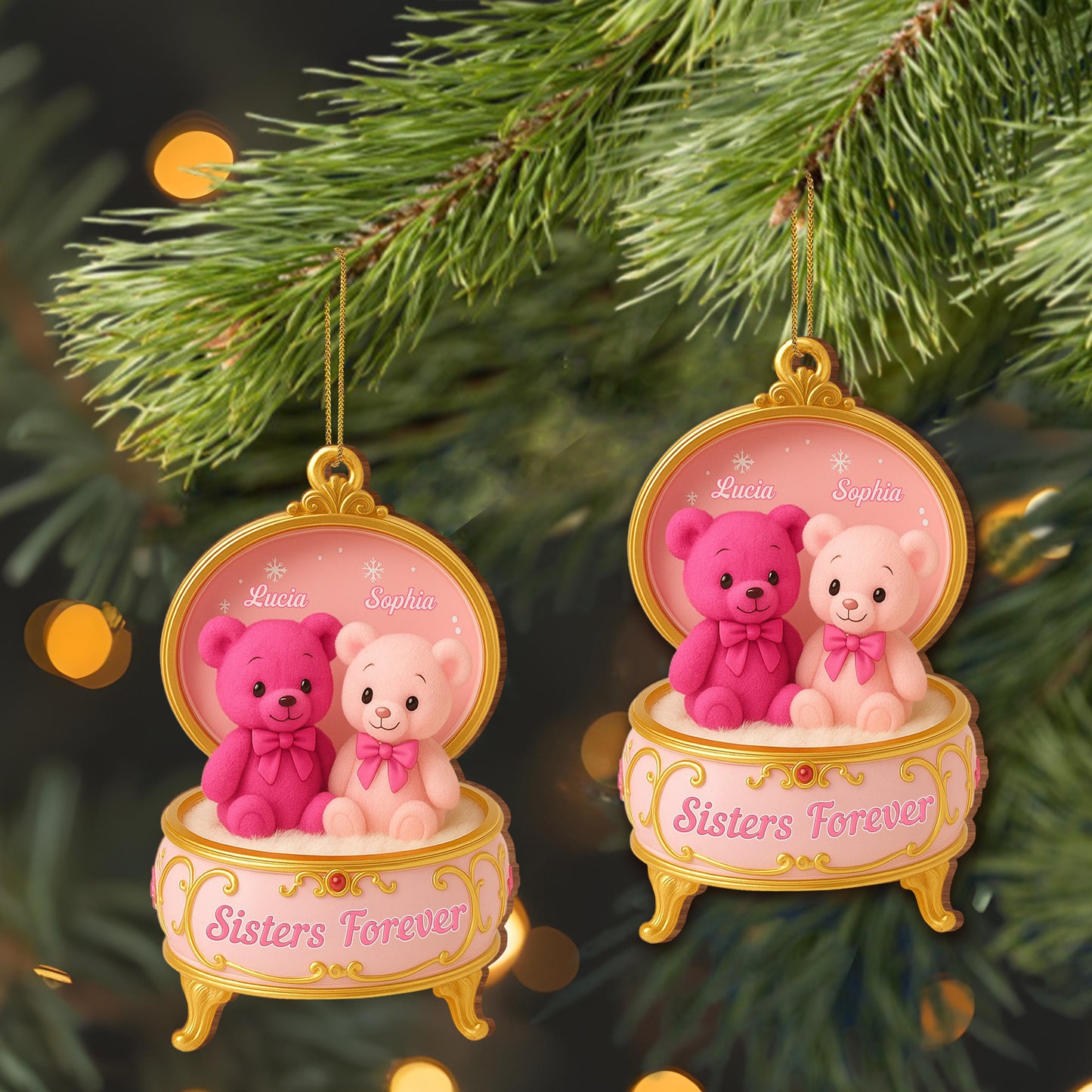 Sister Forever Teddy Bears Music Box - Personalized Custom Wood Ornament, Custom Shaped - BST203_WDO