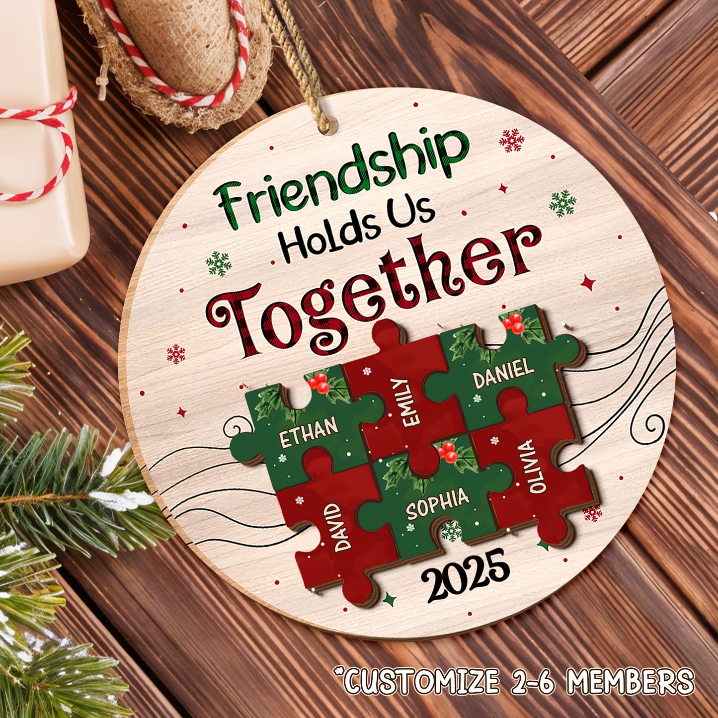 Friendship Hold Us Together With Puzzle Pieces And Holly - Personalized Double Layer Wood Ornament - BST223_DWO