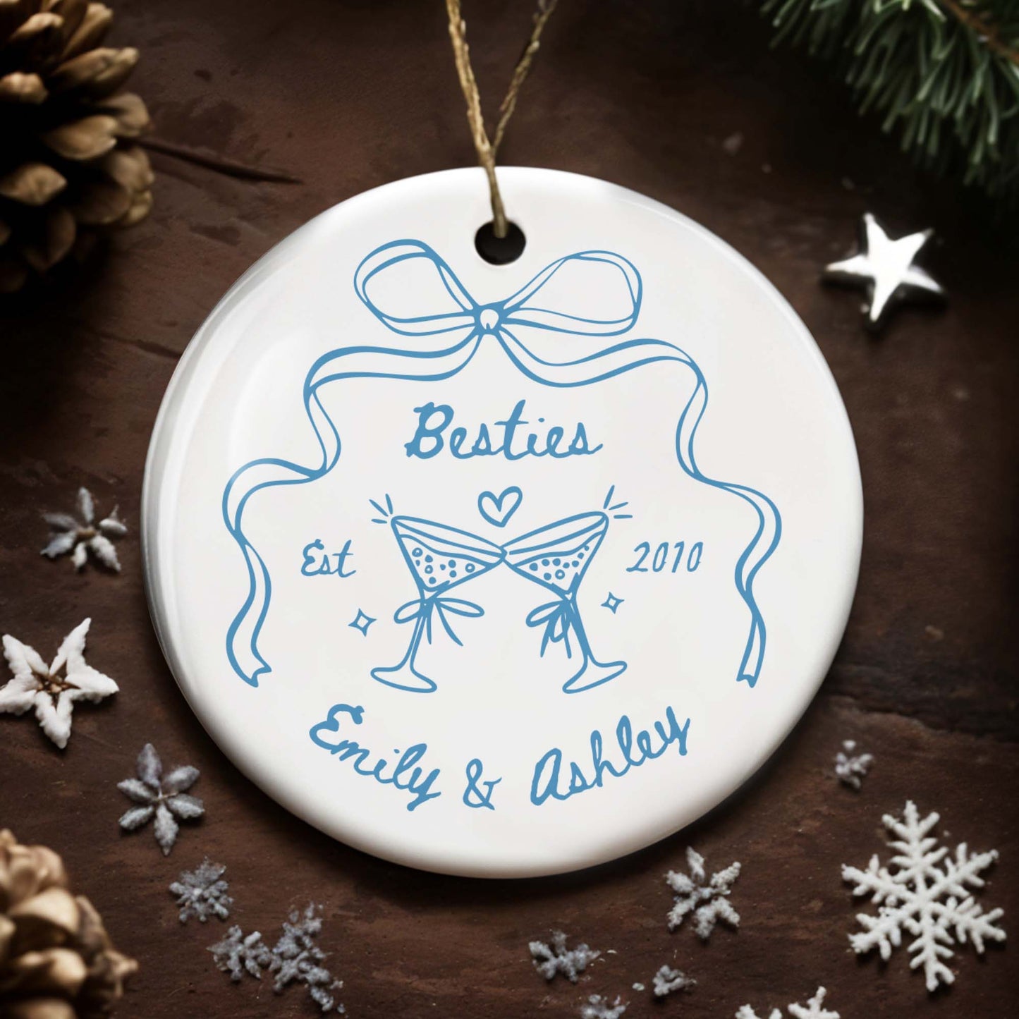 Besties Est Martini Glasses and Bow Ornament