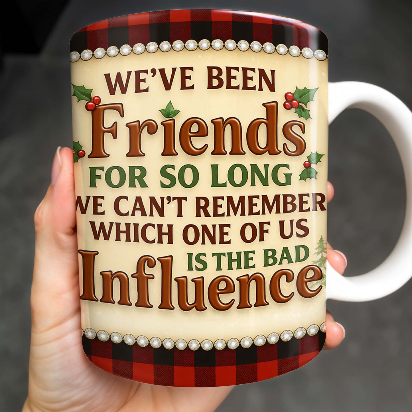 We've Been Friends For So Long, Holly Berries, Plaid Mug