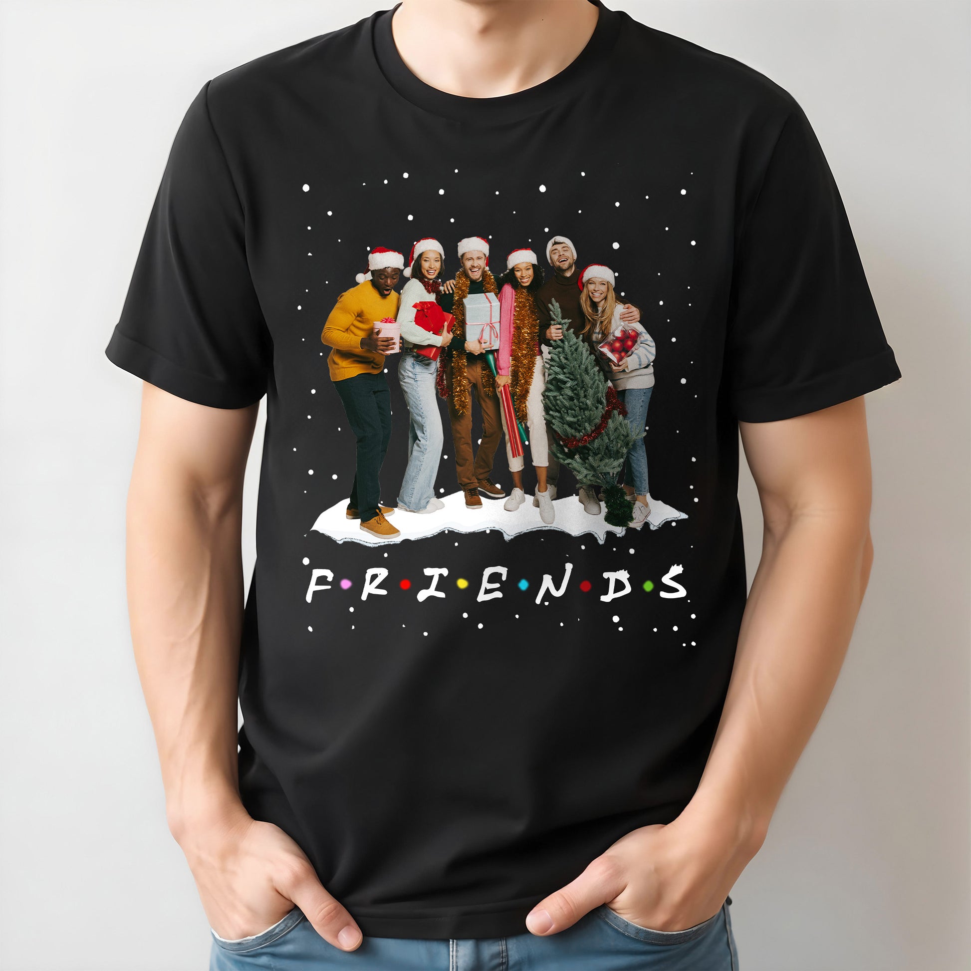 Friends Celebrating With Christmas Tree And Gifts