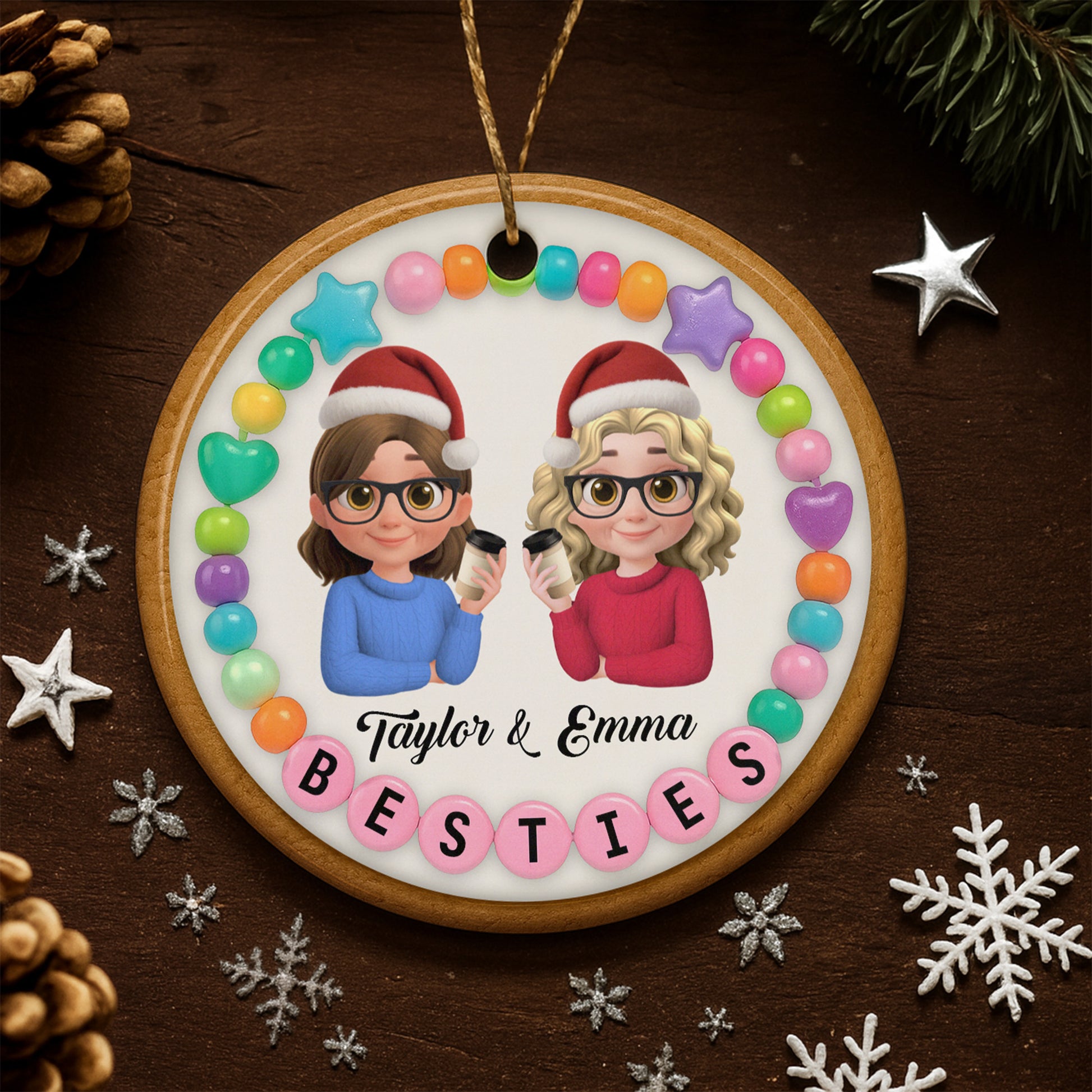Besties With Santa Hats And Coffee Cups