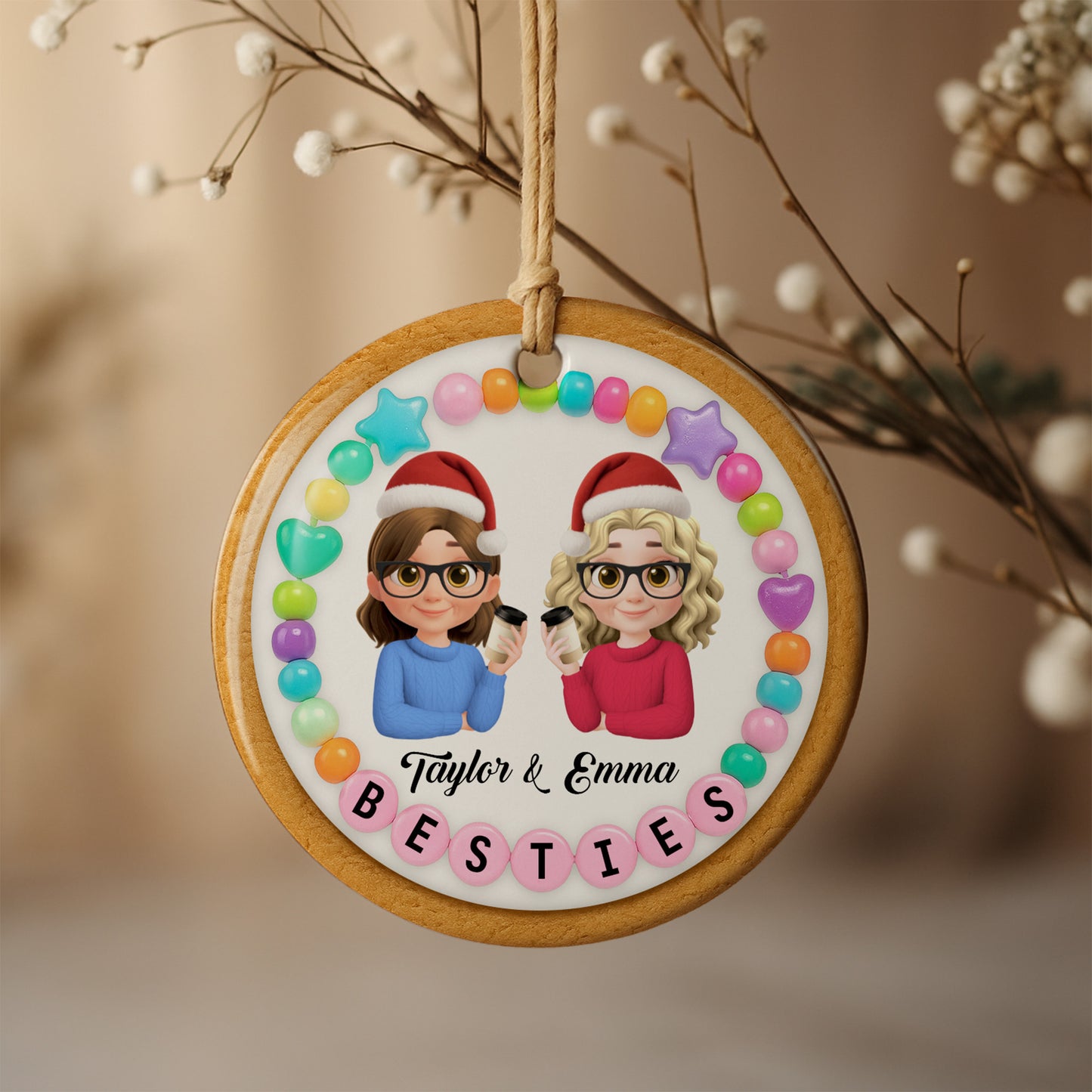 Besties With Santa Hats And Coffee Cups
