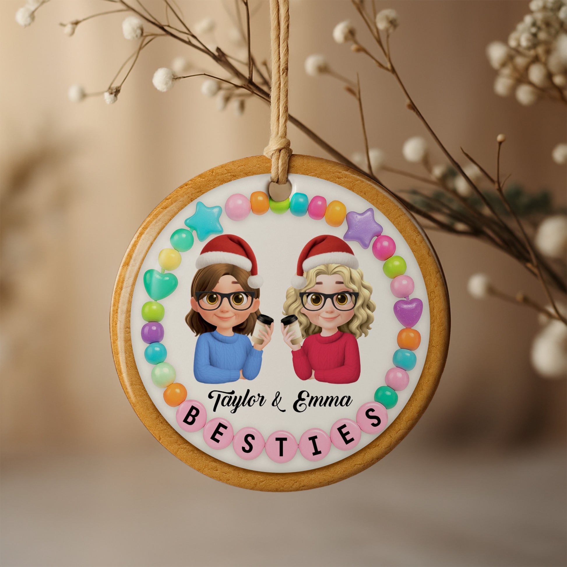 Besties With Santa Hats And Coffee Cups