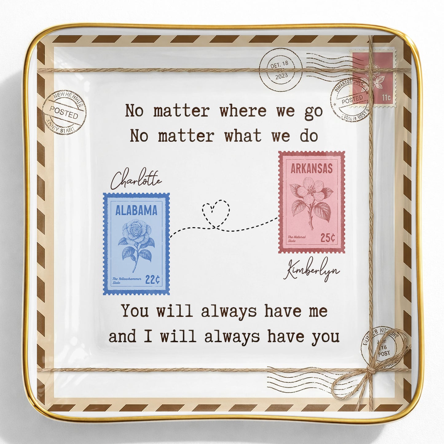 No Matter Where We Go Postage Stamp Design - Personalized Custom Jewelry Dish, Ceramic Dish, Square Shape - BST501_SCRF