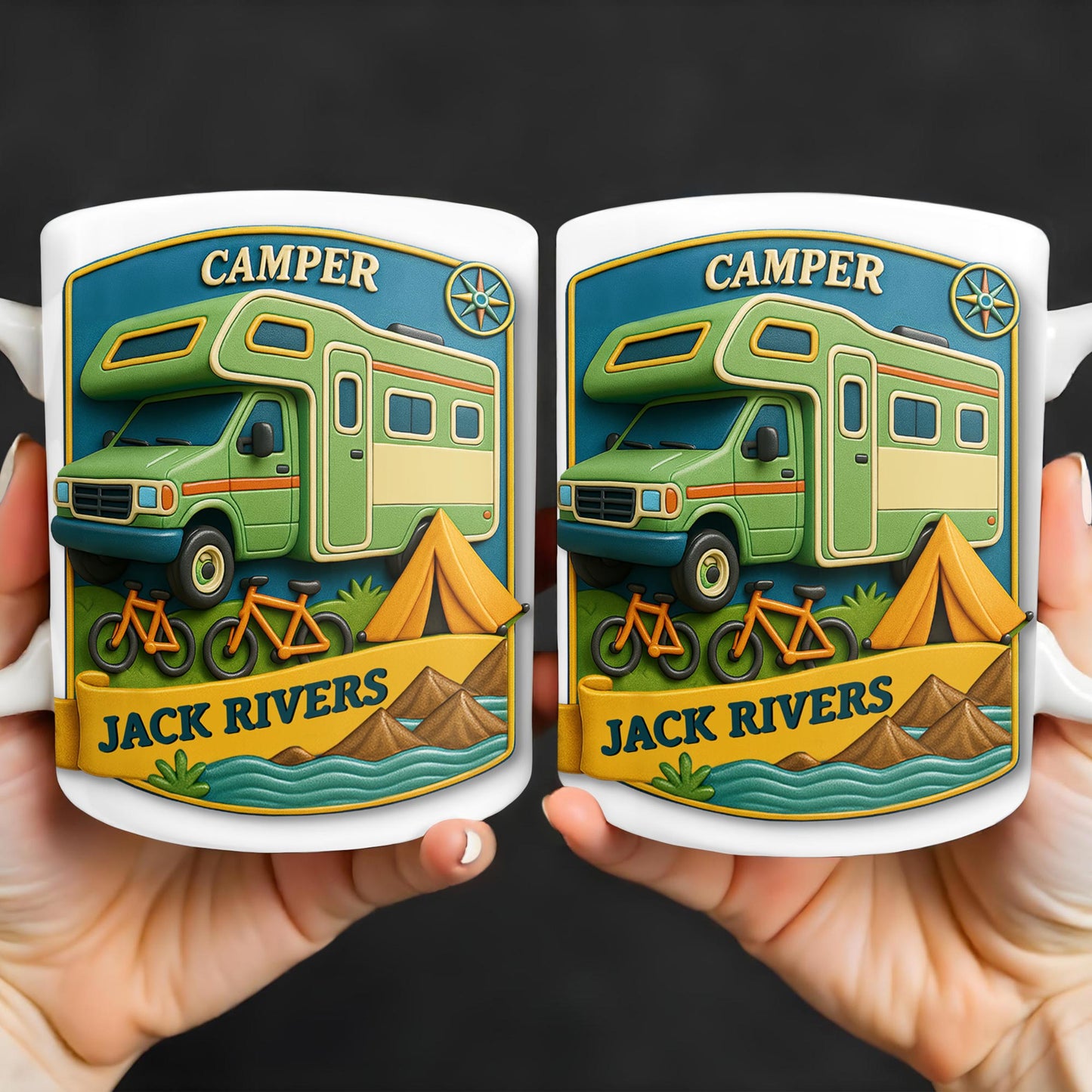 Camper, Tent, and Bicycles Design - Personalized Custom Coffee Mug - CAMP001_MG