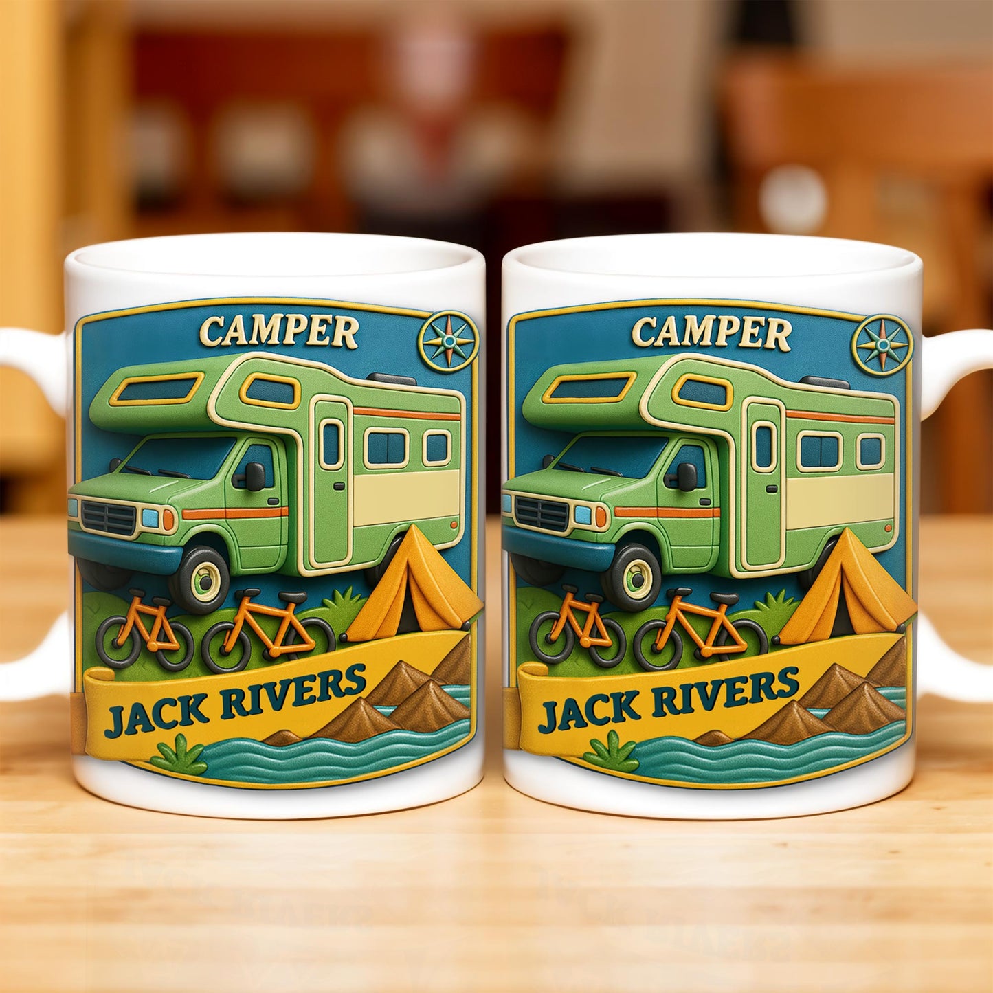 Camper, Tent, and Bicycles Design - Personalized Custom Coffee Mug - CAMP001_MG