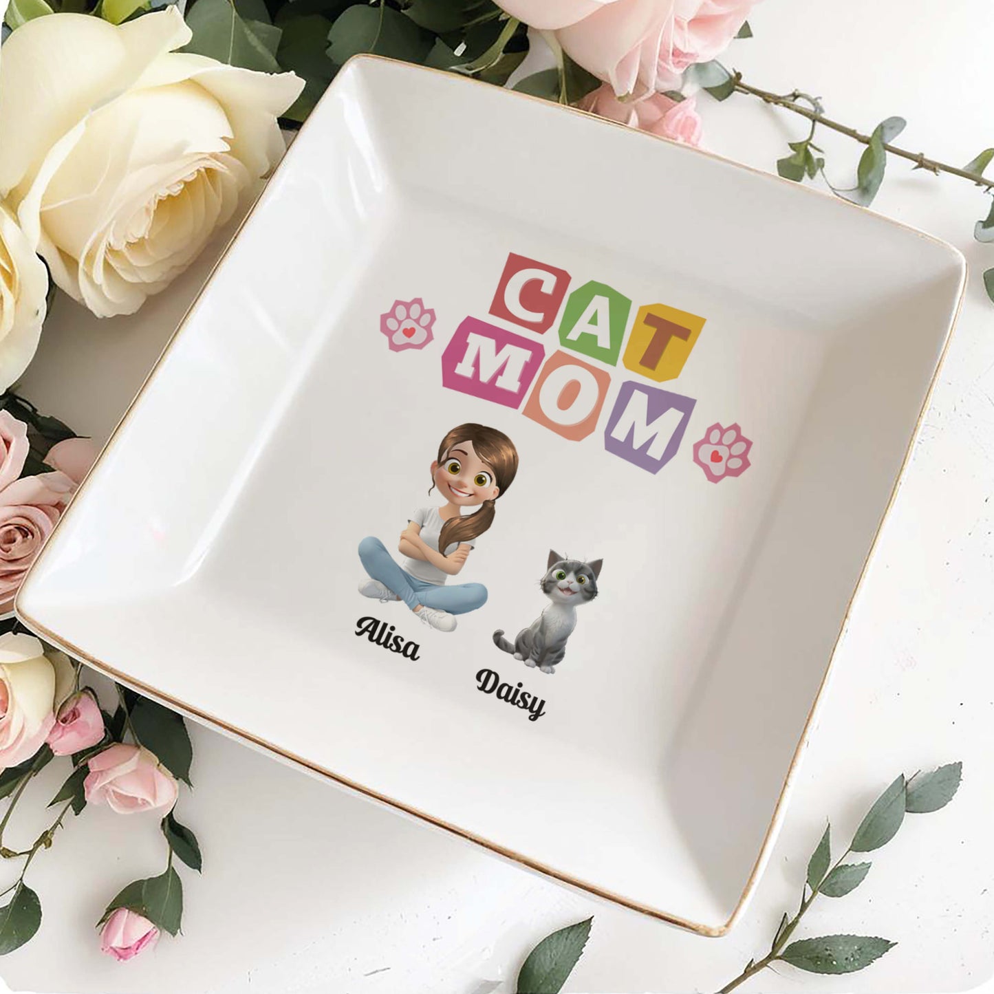 Cat Mom With Girl And Paw Prints