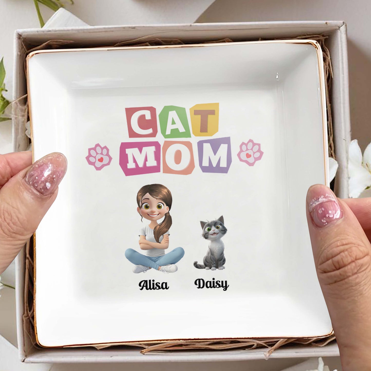 Cat Mom With Girl And Paw Prints