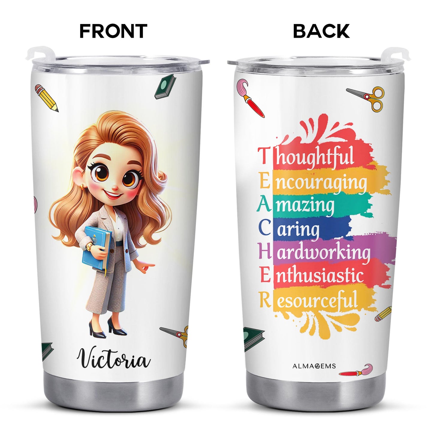 Thoughtful Teacher Tumbler With Paint Splashes and Education Symbols