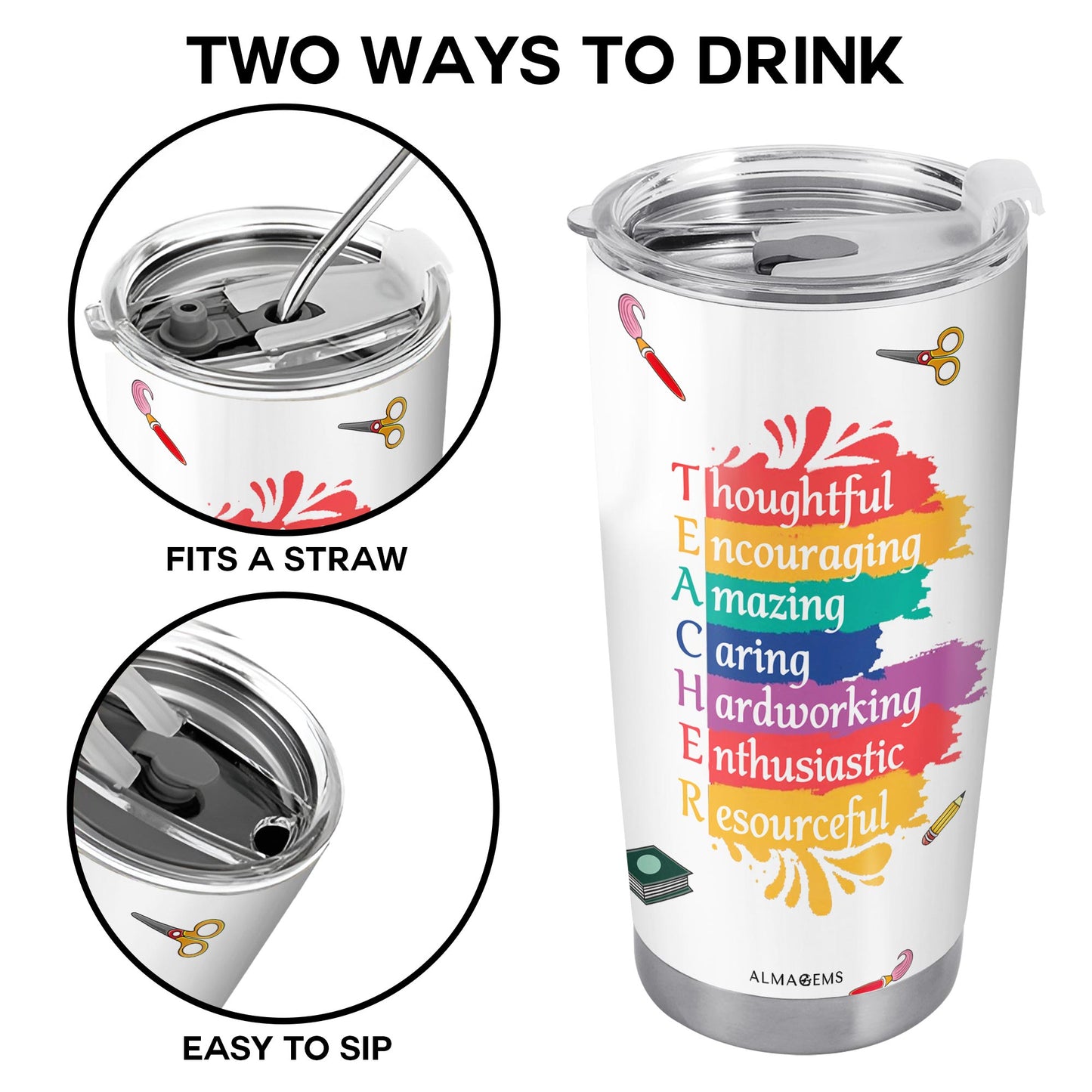 Thoughtful Teacher Tumbler With Paint Splashes and Education Symbols