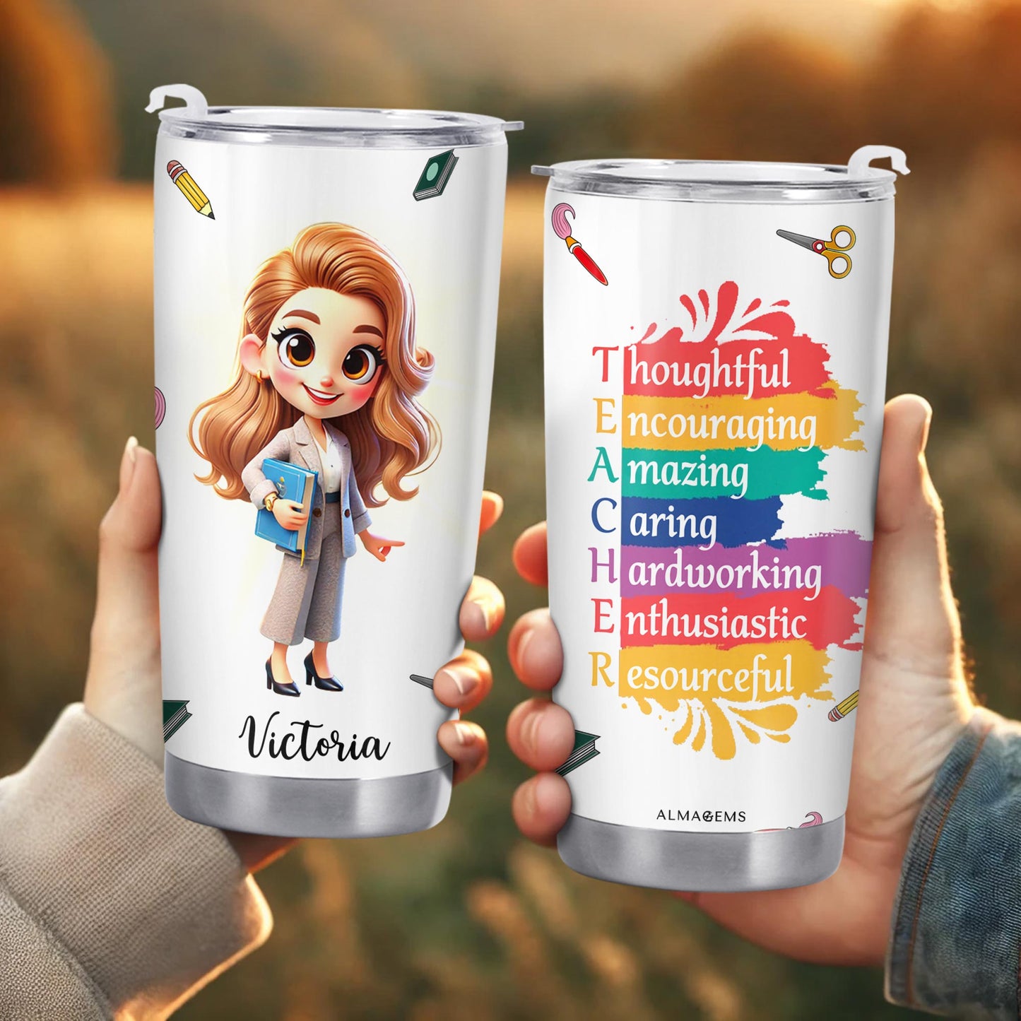 Thoughtful Teacher Tumbler With Paint Splashes and Education Symbols