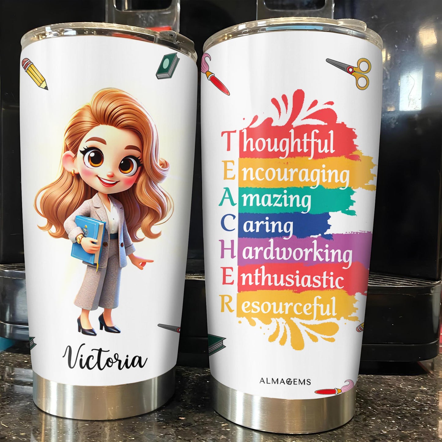 Thoughtful Teacher Tumbler With Paint Splashes and Education Symbols
