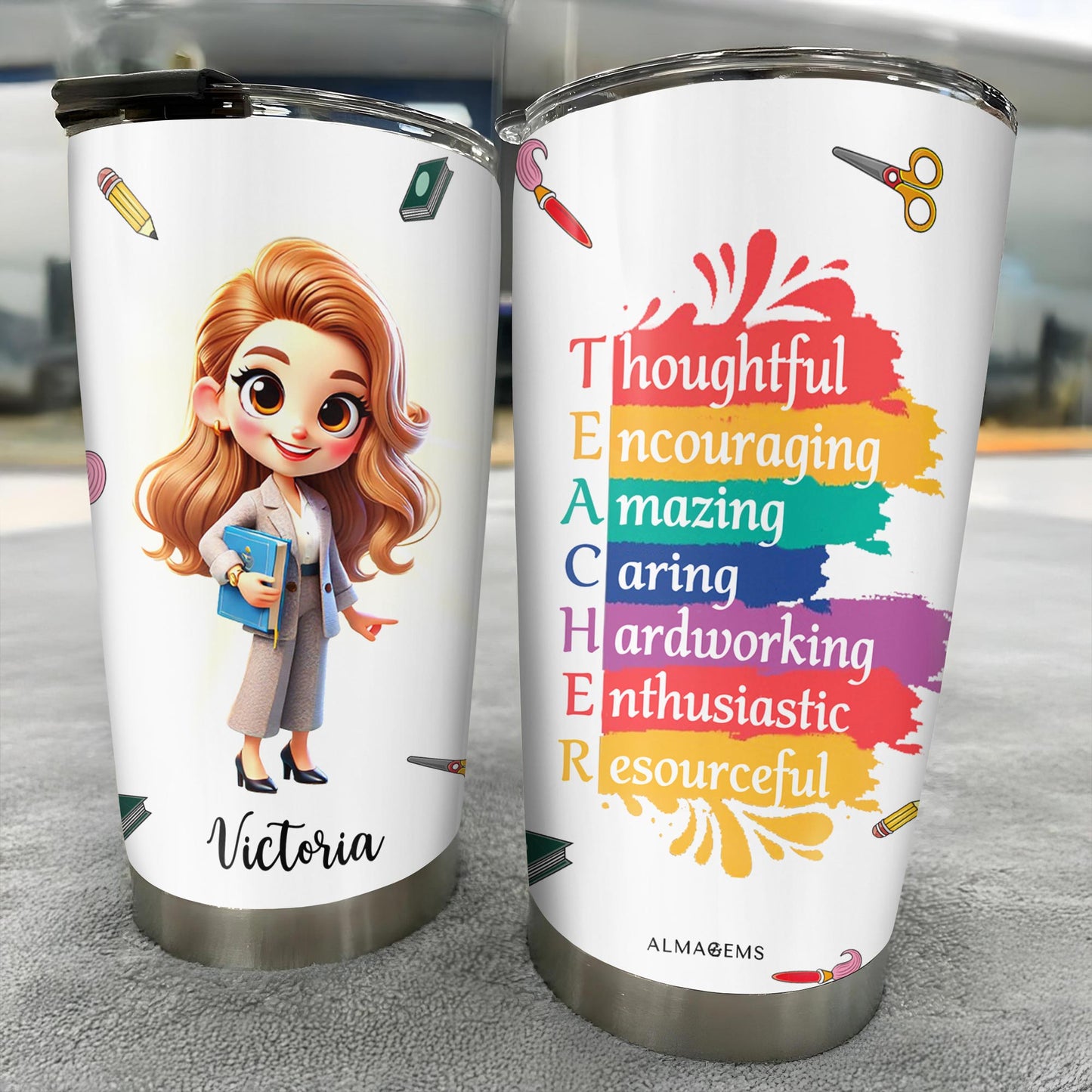 Thoughtful Teacher Tumbler With Paint Splashes and Education Symbols