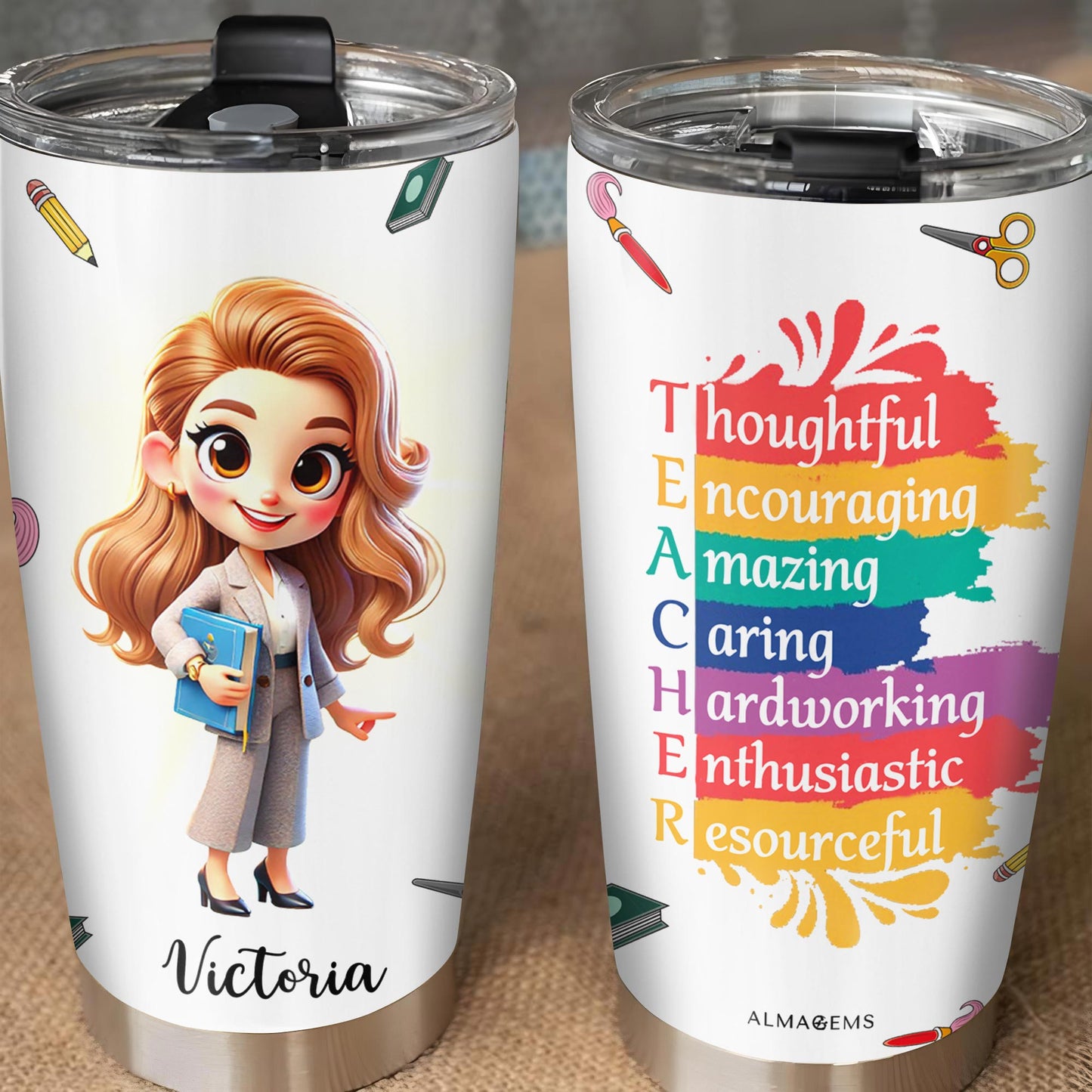 Thoughtful Teacher Tumbler With Paint Splashes and Education Symbols