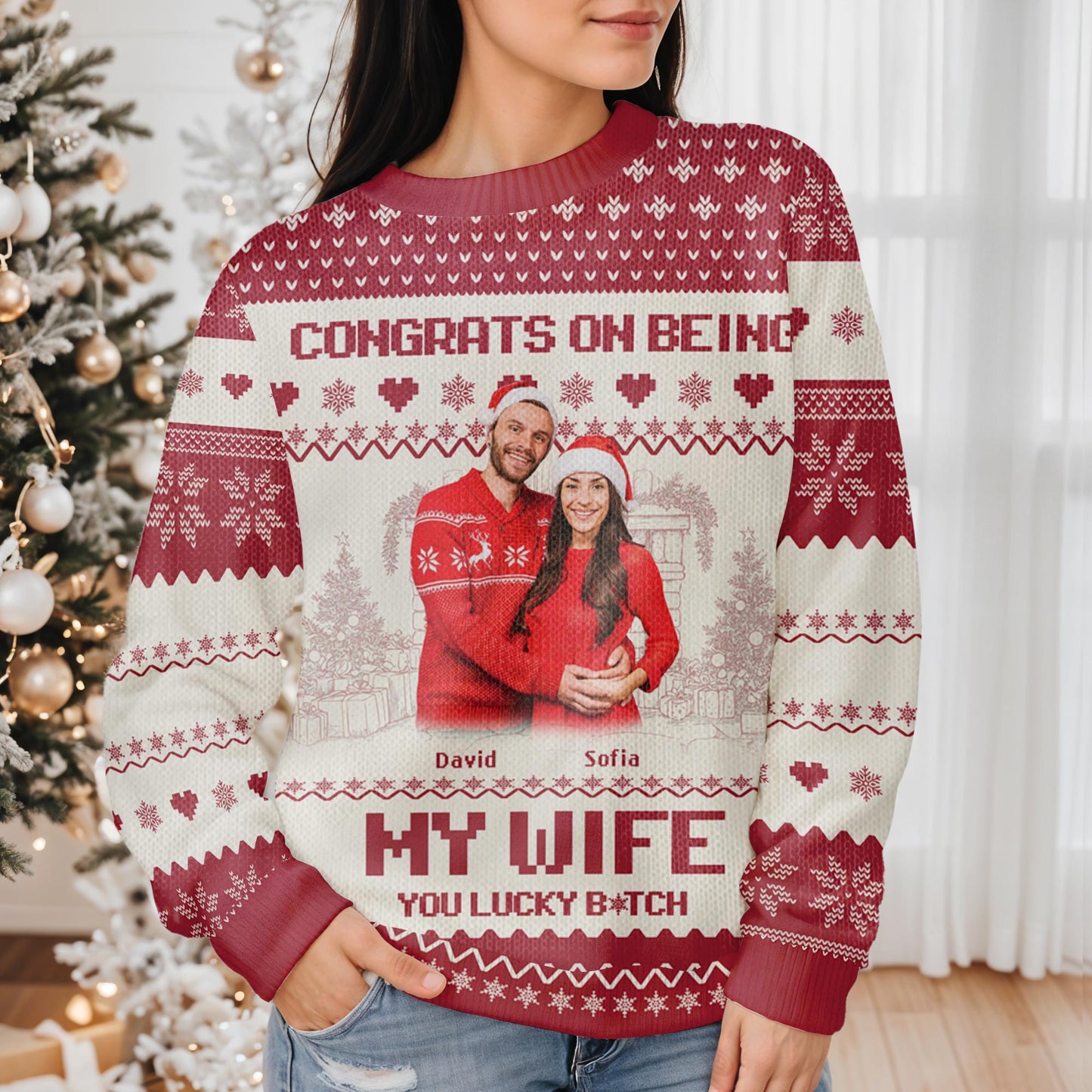 Pull anniversaire « Félicitations pour être devenue ma femme » - Sweat-shirt moche personnalisé, pull unisexe en laine - CPL050_TWS