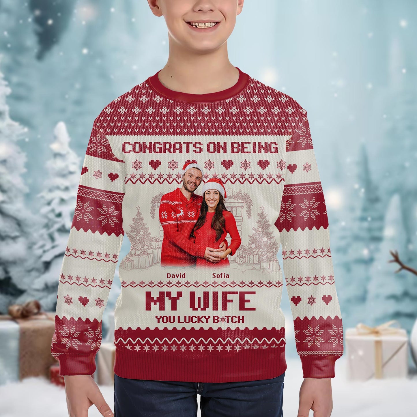 Pull anniversaire « Félicitations pour être devenue ma femme » - Sweat-shirt moche personnalisé, pull unisexe en laine - CPL050_TWS