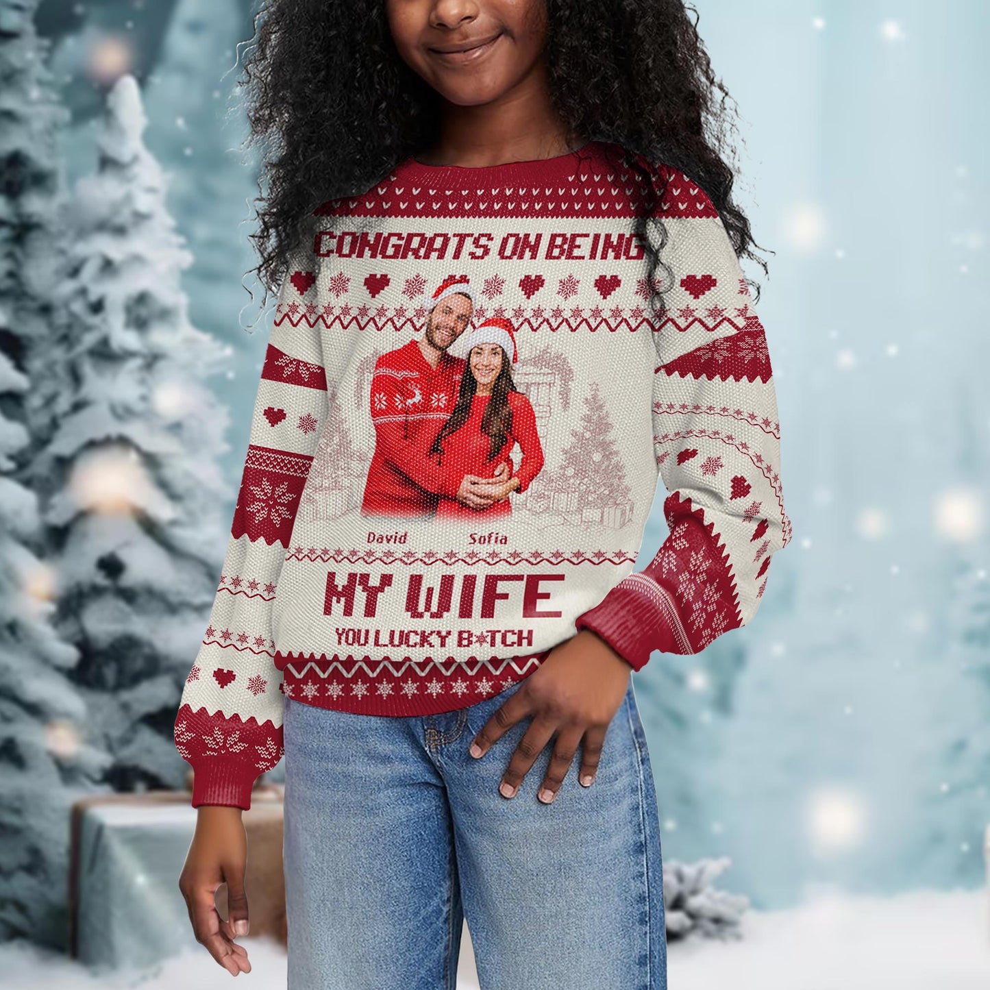 Pull anniversaire « Félicitations pour être devenue ma femme » - Sweat-shirt moche personnalisé, pull unisexe en laine - CPL050_TWS
