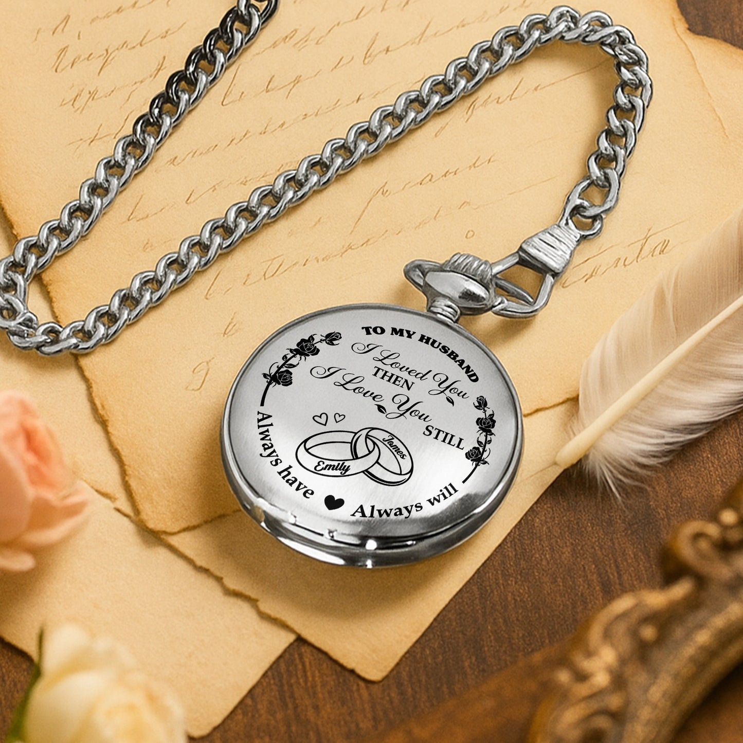 Je t'aime alors, je t'aime toujours, avec des roses et des alliances - Montre de poche plaquée argent personnalisée - CPL053_SWATCH
