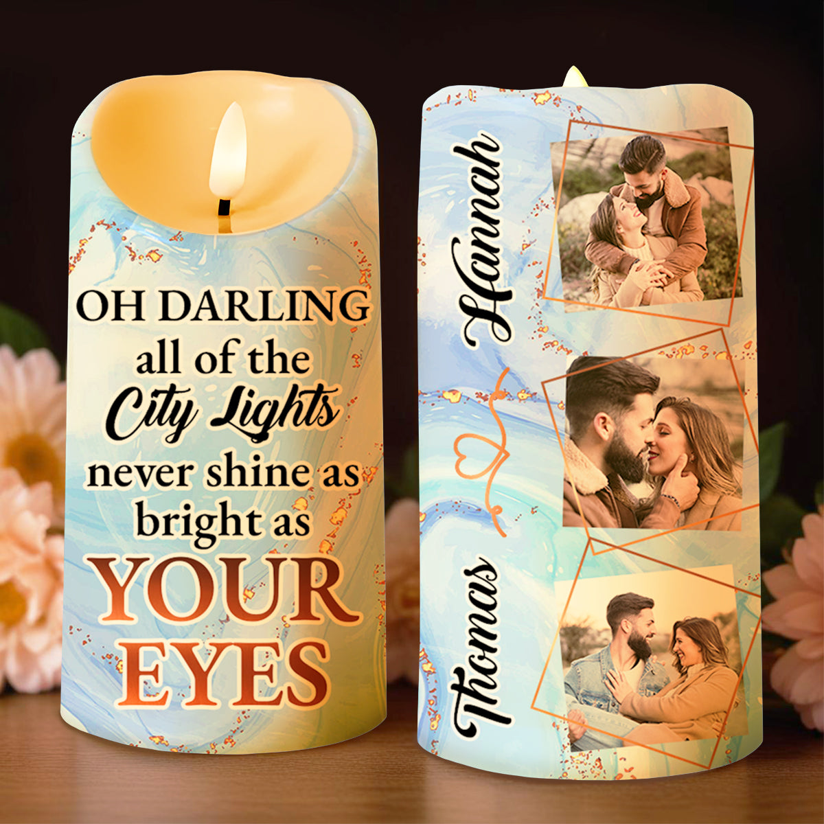 City Lights and Romantic Couple Custom LED Candle