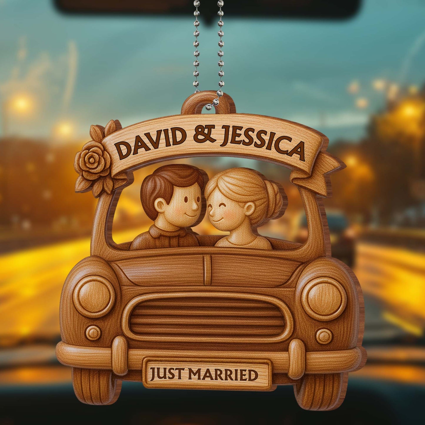 Just Married, Couple In Car With Rose