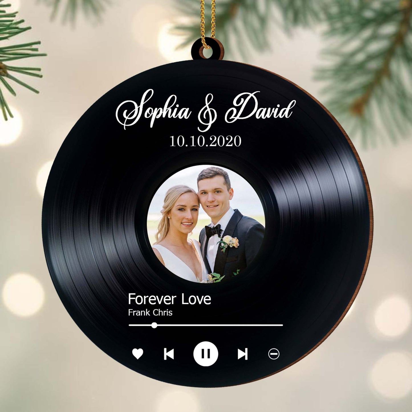 Forever Love Vinyl Record Wedding Ornament - Personalized Custom Wood Ornament, Custom Shaped - CPL110_WDO
