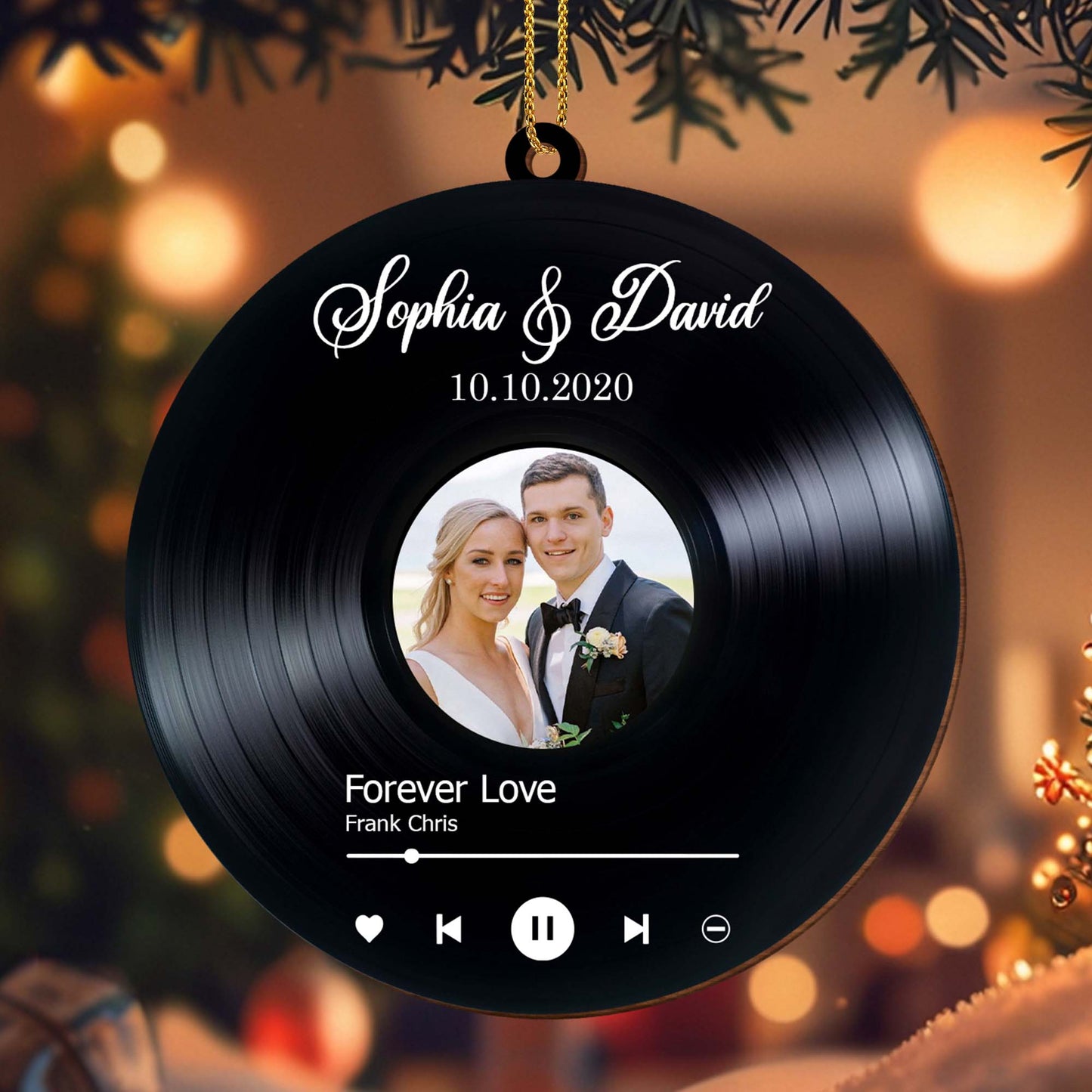 Forever Love Vinyl Record Wedding Ornament - Personalized Custom Wood Ornament, Custom Shaped - CPL110_WDO