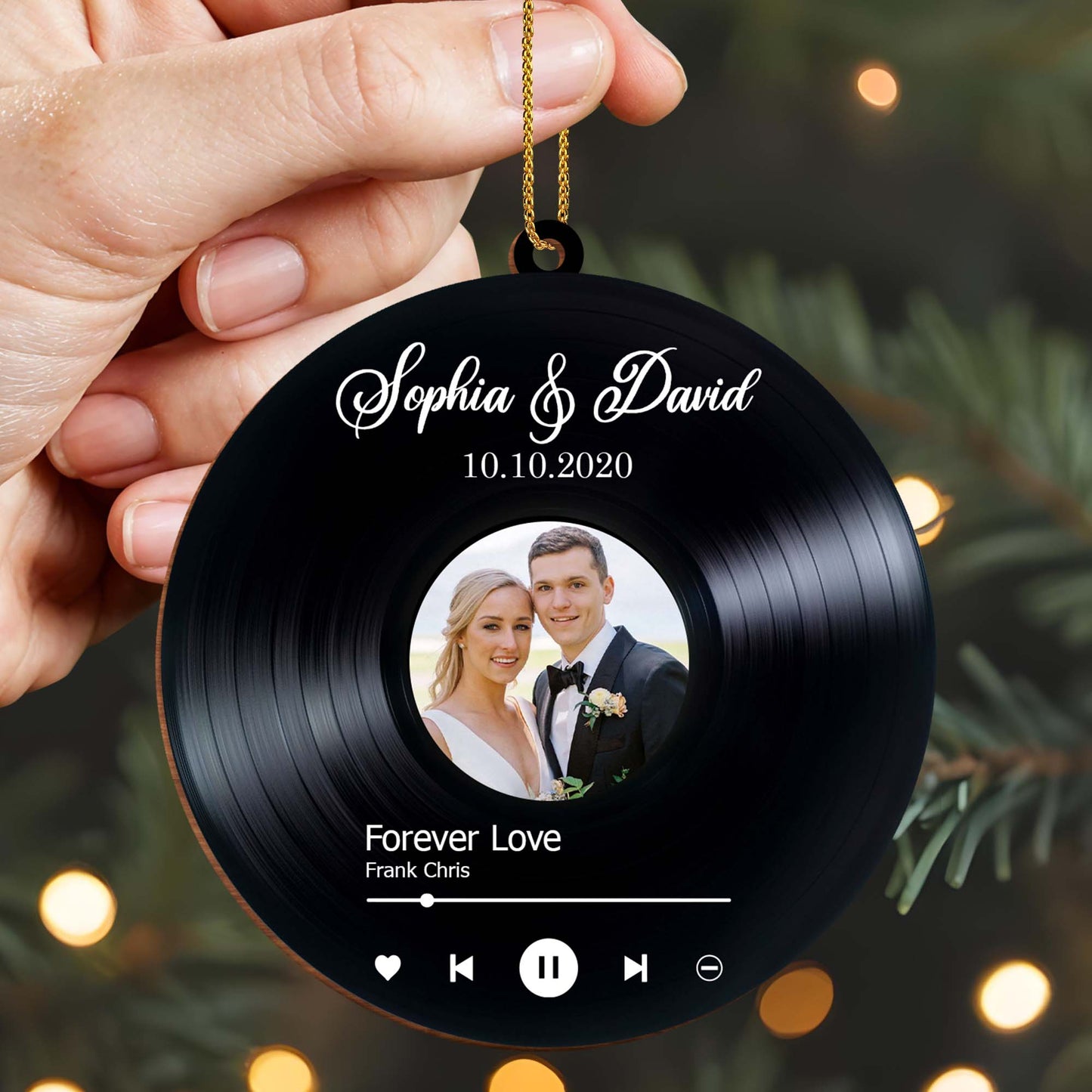 Forever Love Vinyl Record Wedding Ornament - Personalized Custom Wood Ornament, Custom Shaped - CPL110_WDO