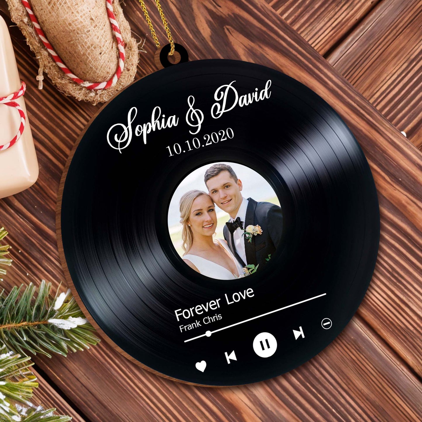 Forever Love Vinyl Record Wedding Ornament - Personalized Custom Wood Ornament, Custom Shaped - CPL110_WDO