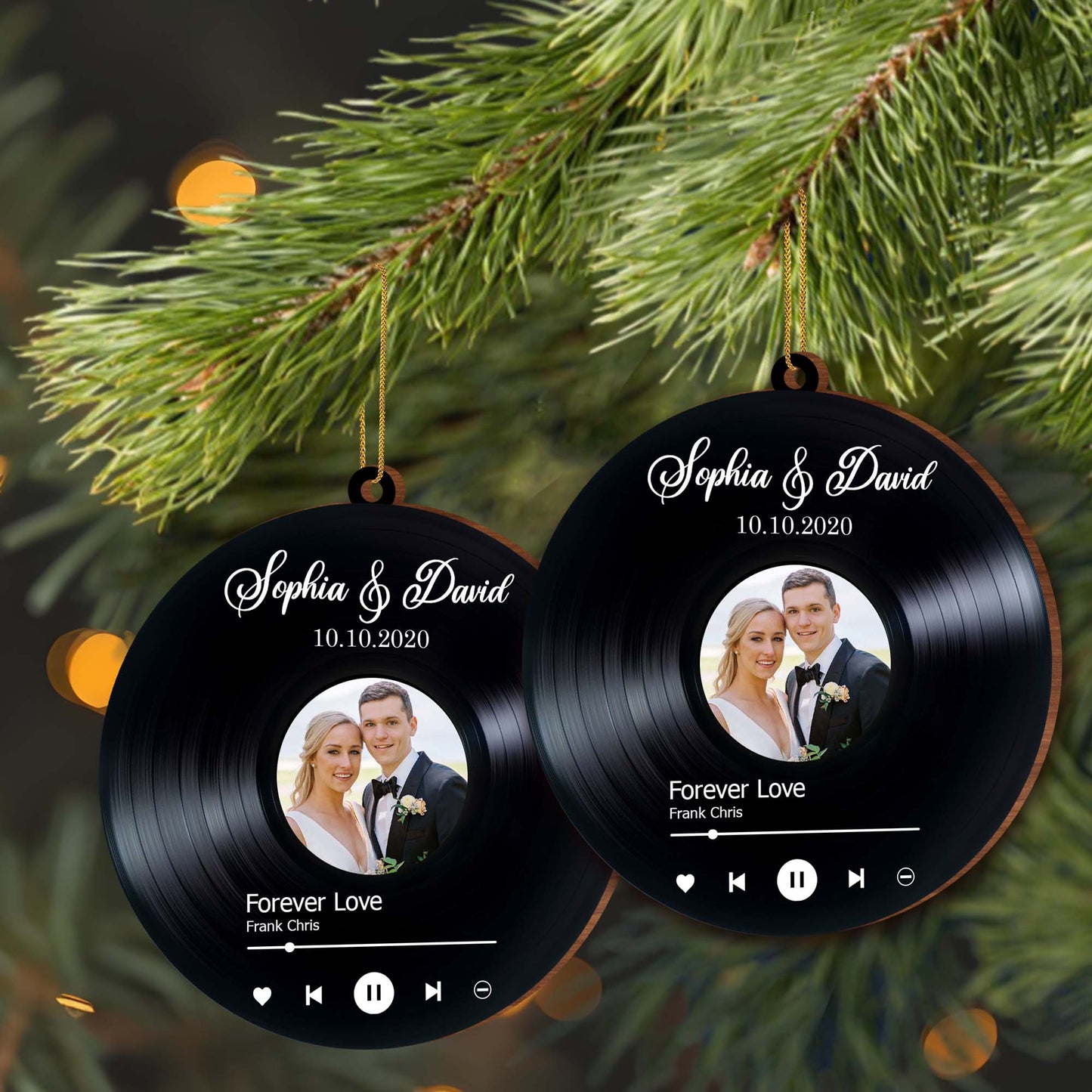 Forever Love Vinyl Record Wedding Ornament - Personalized Custom Wood Ornament, Custom Shaped - CPL110_WDO