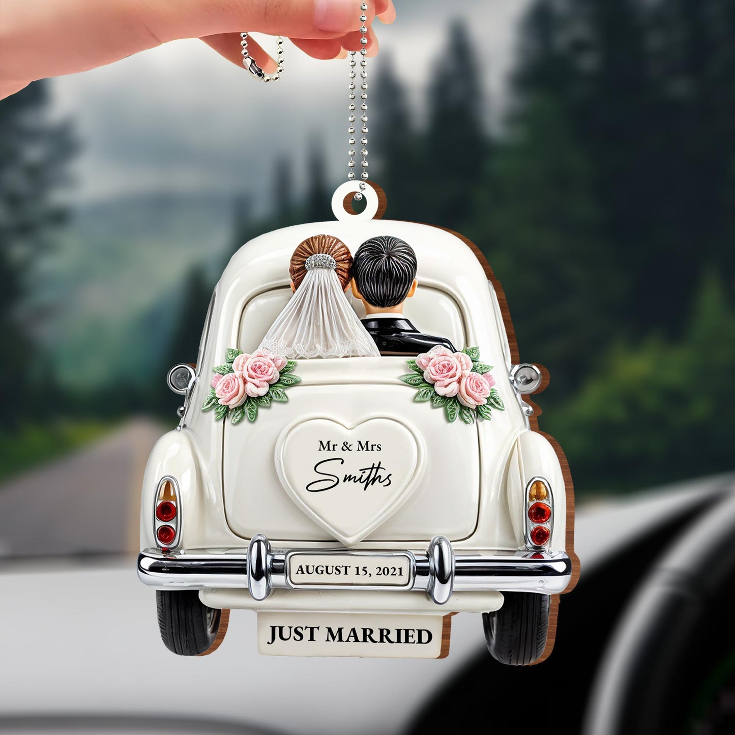 Just Married Celebratory Car Ornament With Roses