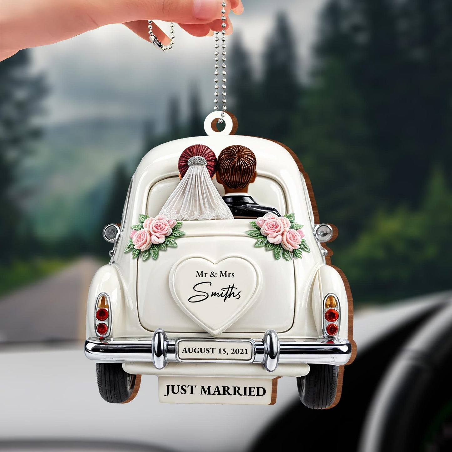 Just Married Celebratory Car Ornament With Roses