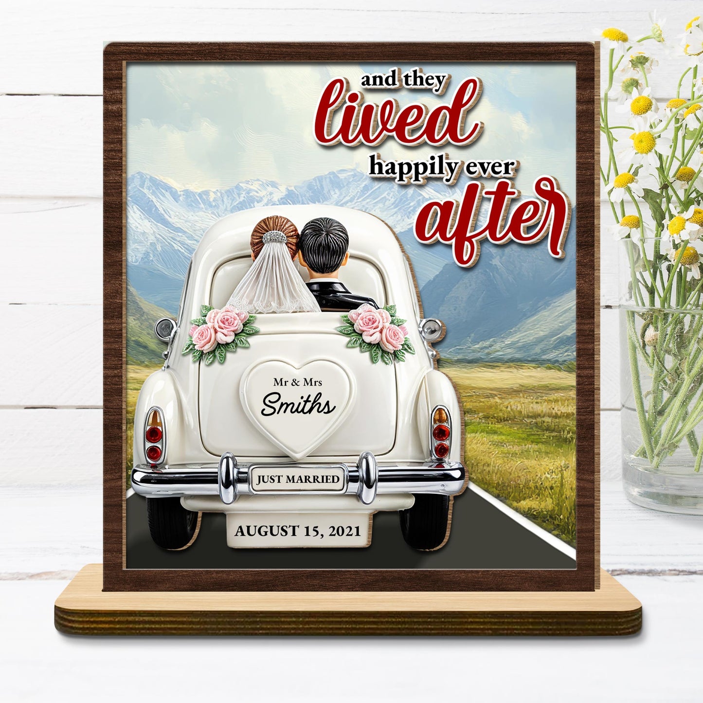 Lived Happily Ever After Vintage Car With Wedding Couple