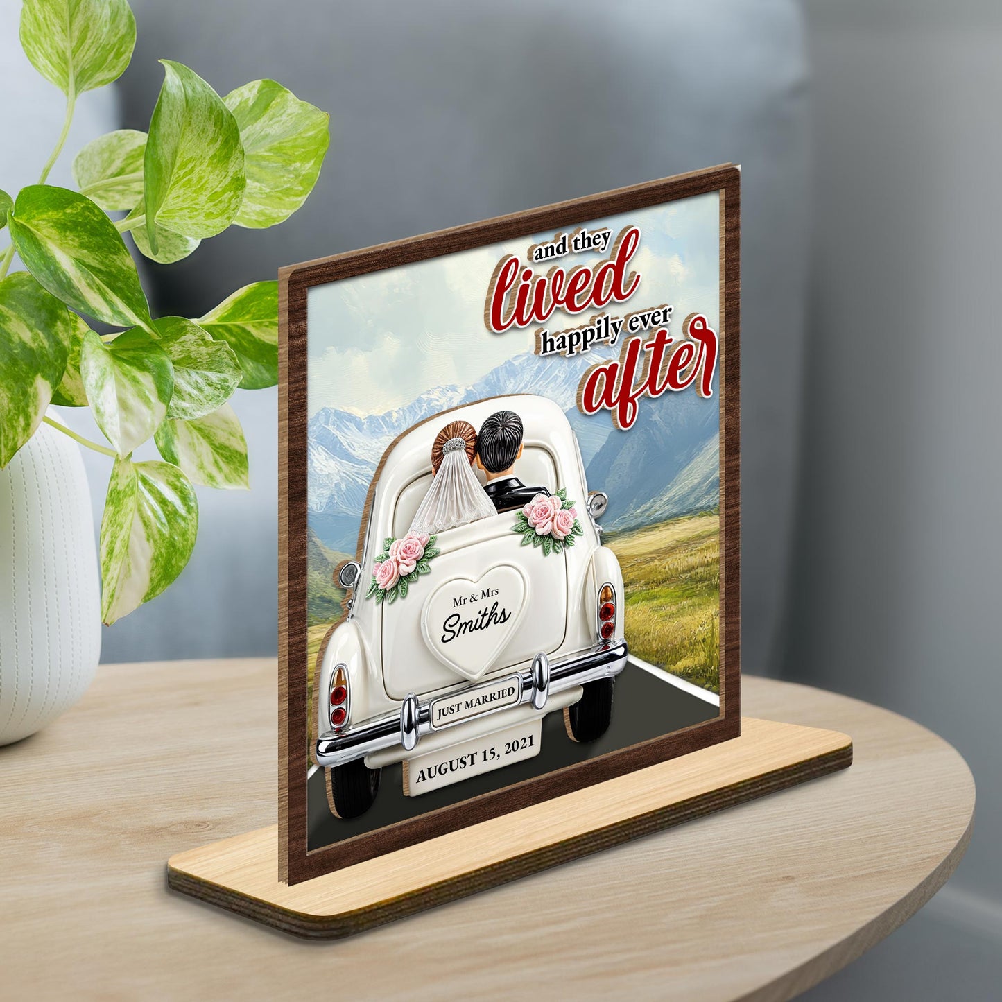 Lived Happily Ever After Vintage Car With Wedding Couple