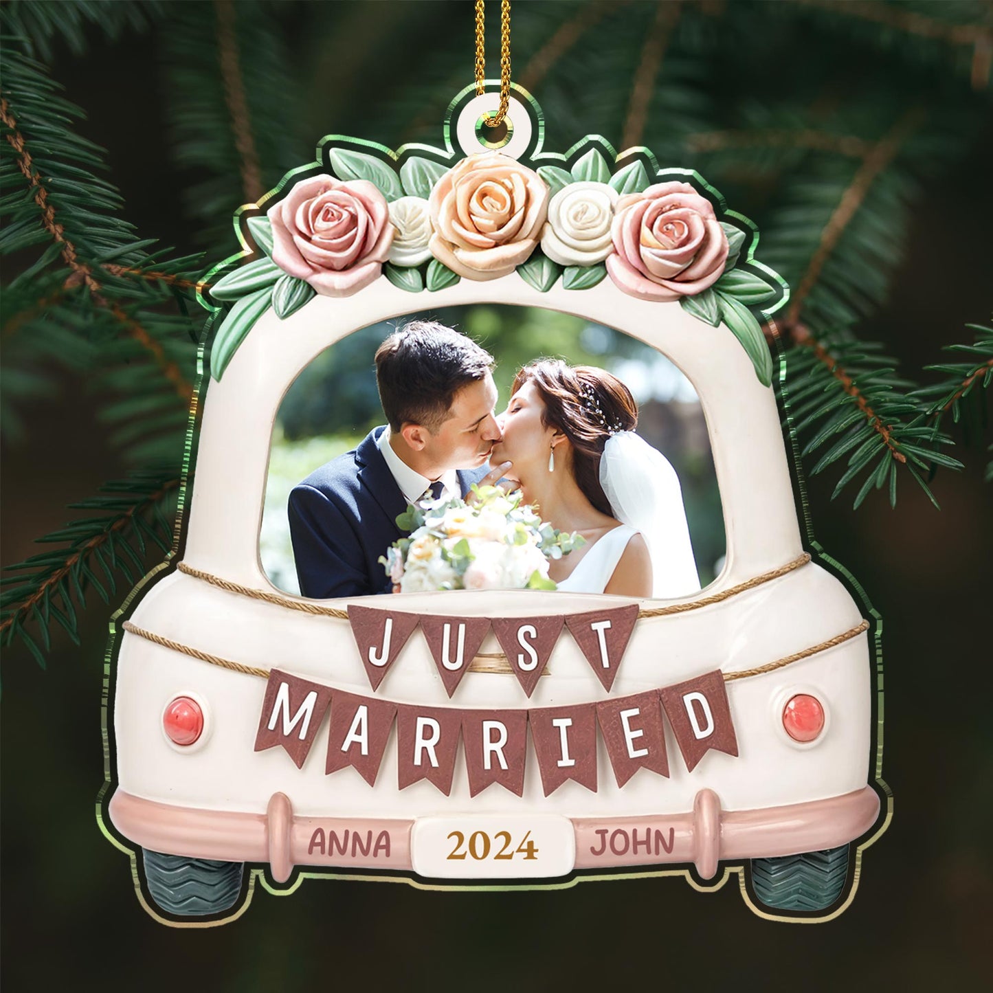 Just Married Wedding Car With Roses Ornament