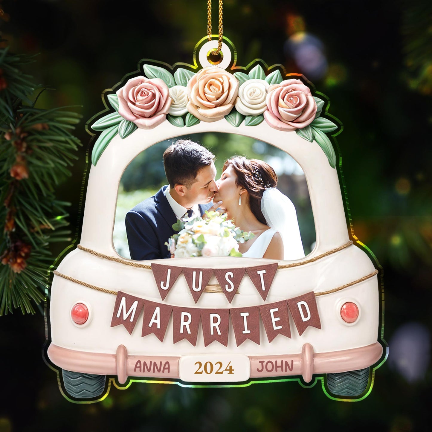 Just Married Wedding Car With Roses Ornament