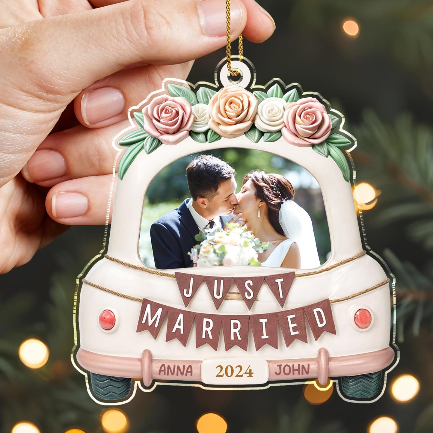 Just Married Wedding Car With Roses Ornament