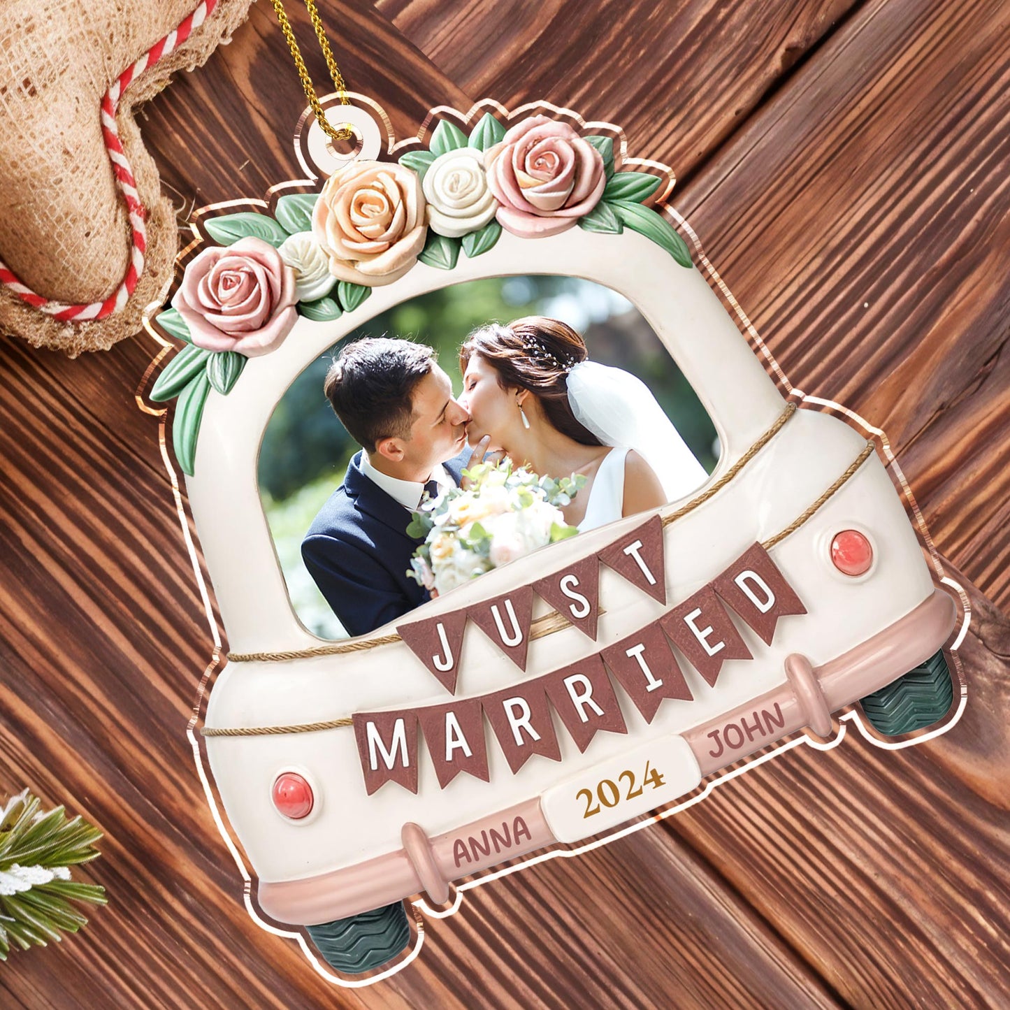 Just Married Wedding Car With Roses Ornament