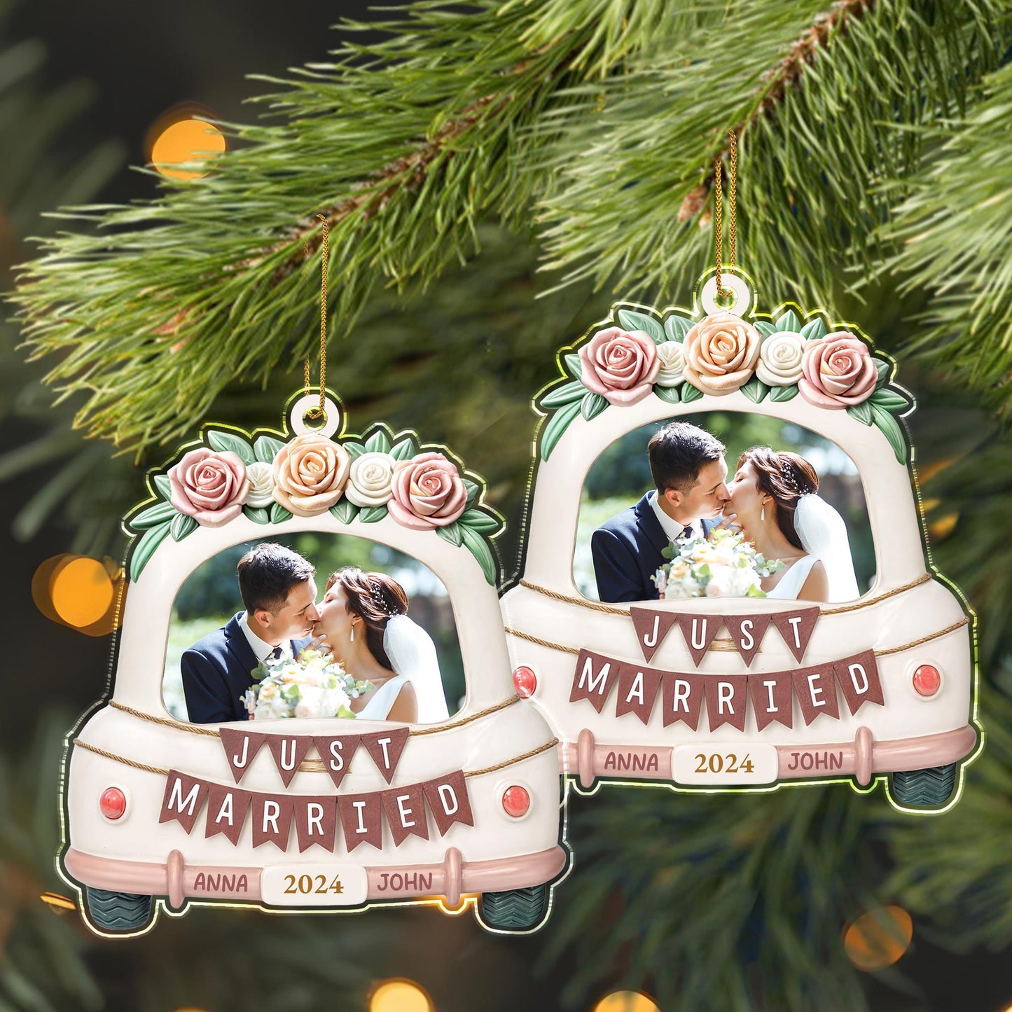 Just Married Wedding Car With Roses Ornament
