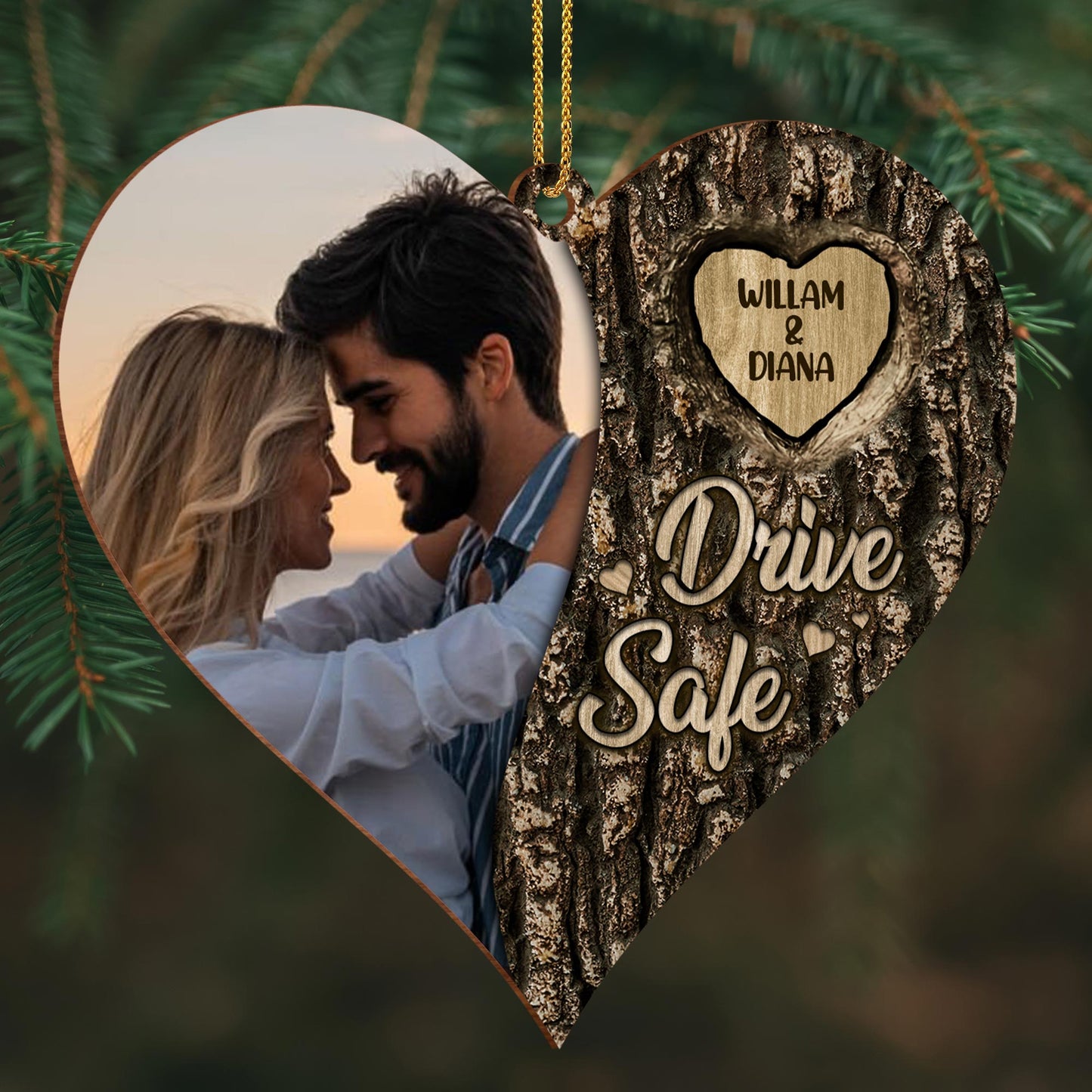 Drive Safe Heart Shaped Custom Wood Ornament