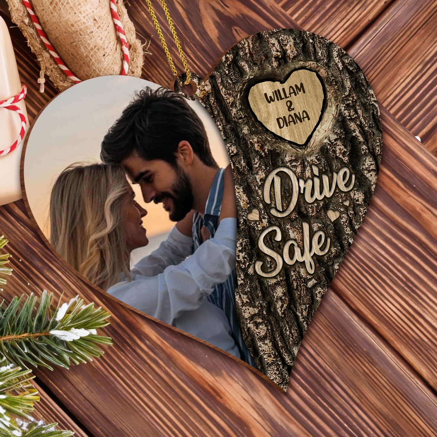 Drive Safe Heart Shaped Custom Wood Ornament