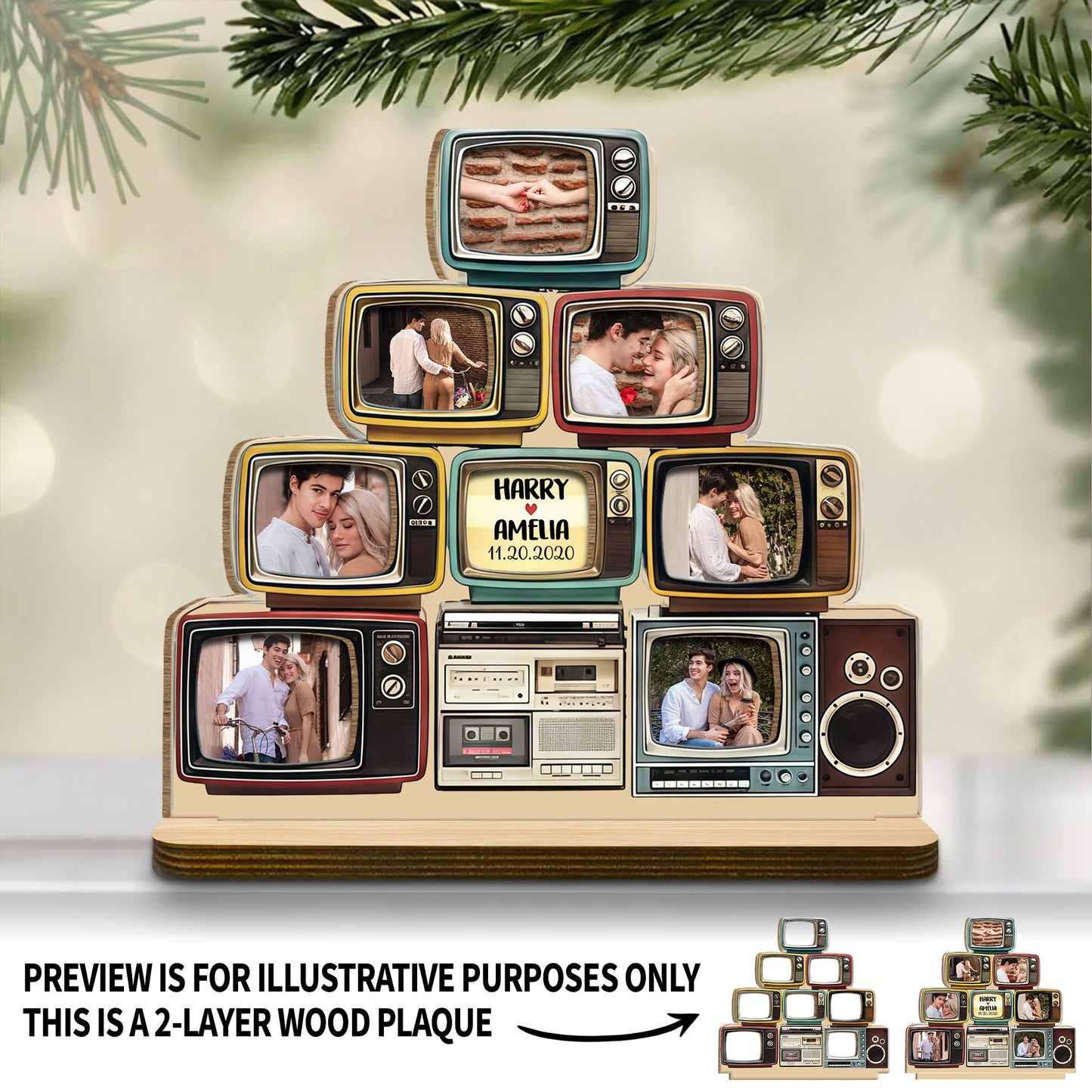 Celebrate Special Memories With Vintage TV Photo Display - Personalized Custom 2-Layer Wood Plaque With Flat Base - CPL1347_WPLA