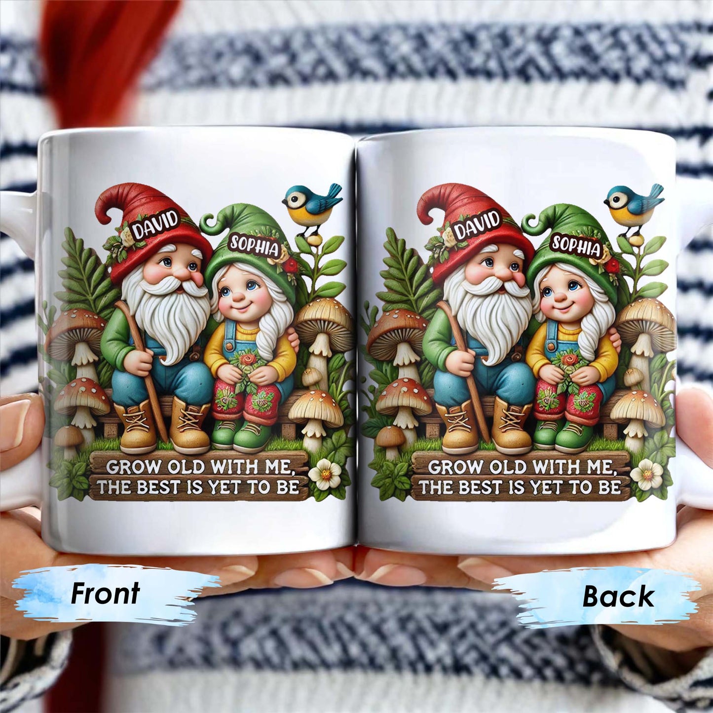 Grow Old With Me Gnome Mug Featuring Birds and Flowers