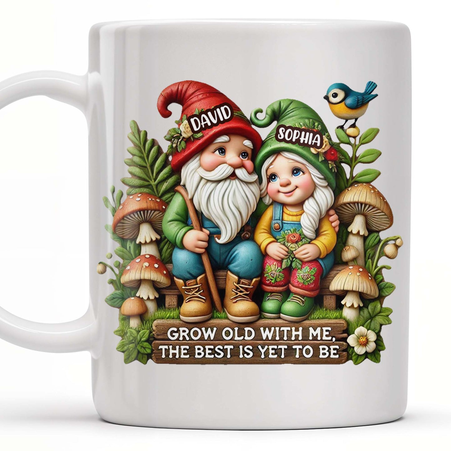 Grow Old With Me Gnome Mug Featuring Birds and Flowers