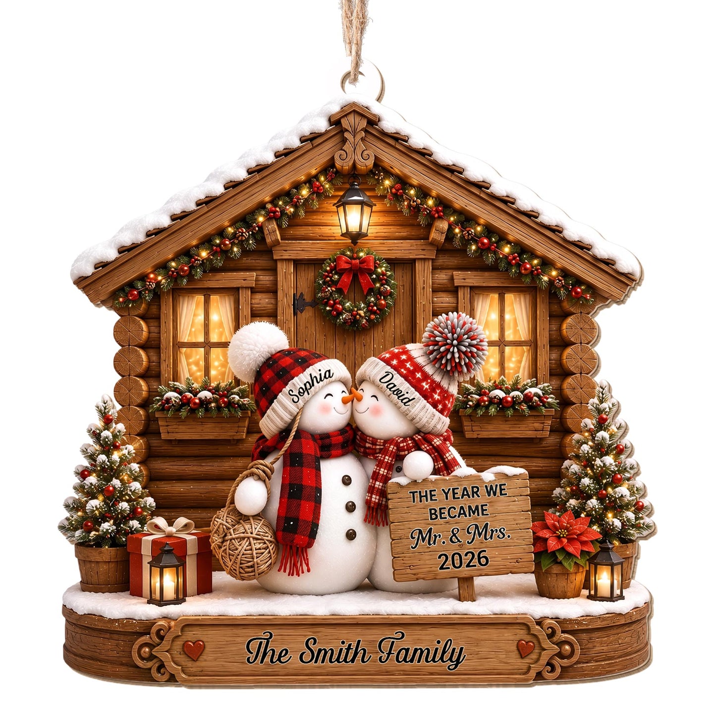 The Year We Became Mr And Mrs Snowman Couple Log Cabin - Personalized Custom Wood Ornament, Custom Shaped - CPL1773_WDO