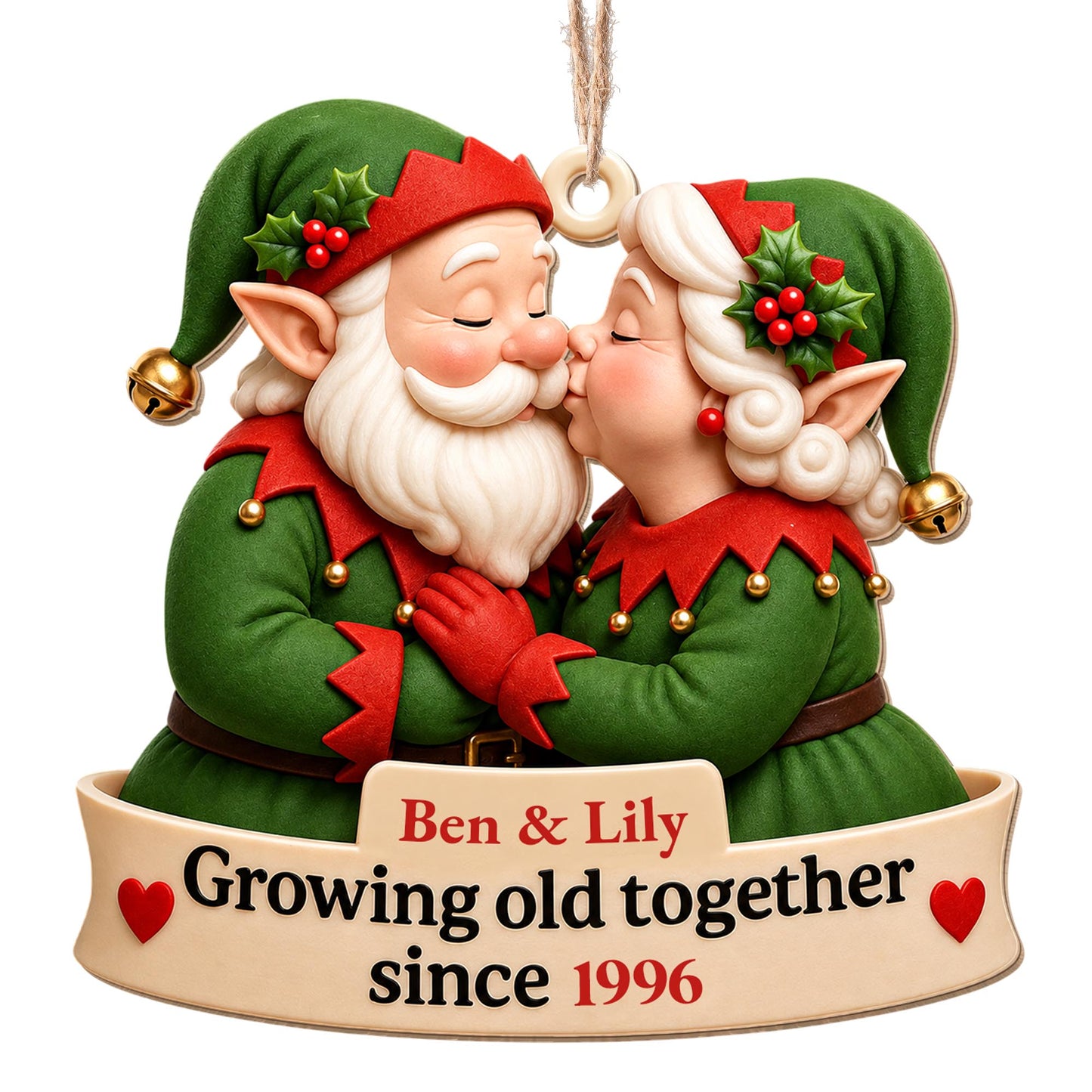 Growing Old Together Kissing Elf Couple With Hearts Ornament - Personalized Custom Wood Ornament, Custom Shaped - CPL1918_WDO