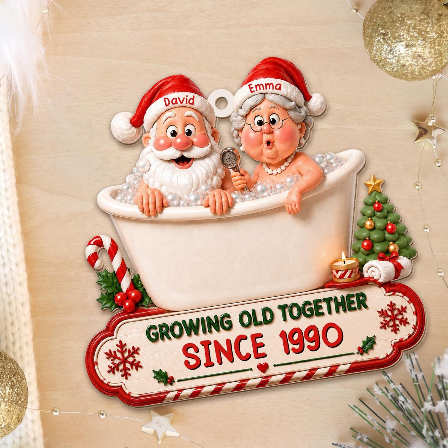 Growing Old Together Santa And Mrs Claus In Bathtub Christmas Decor - Personalized Custom Wood Ornament, Custom Shaped - CPL1930_WDO