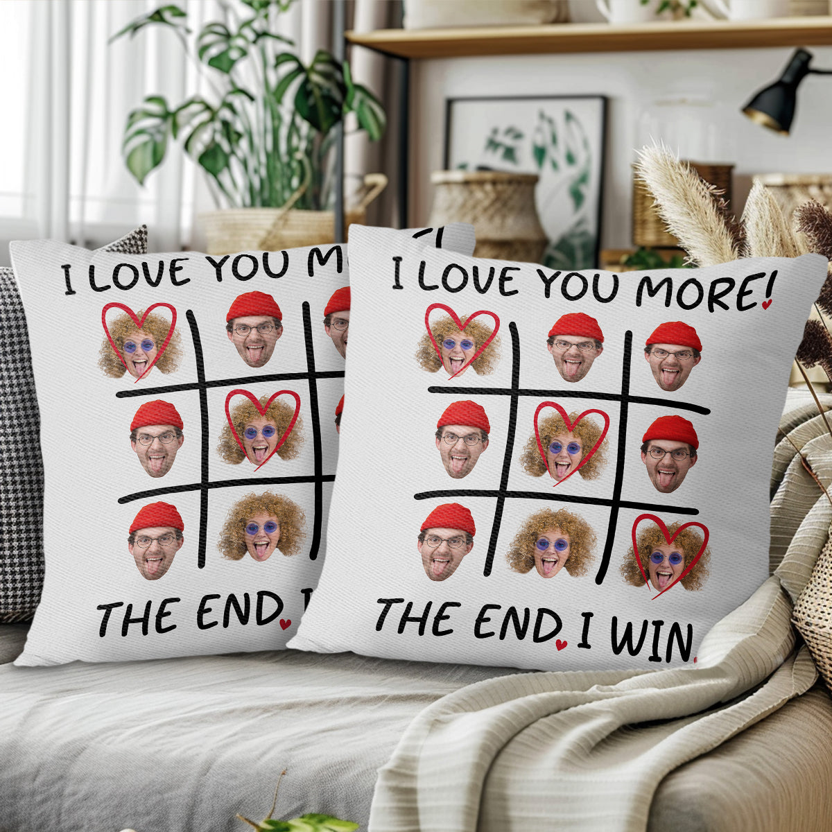 I Love You More The End I Win Tic-Tac-Toe Hearts Pillow