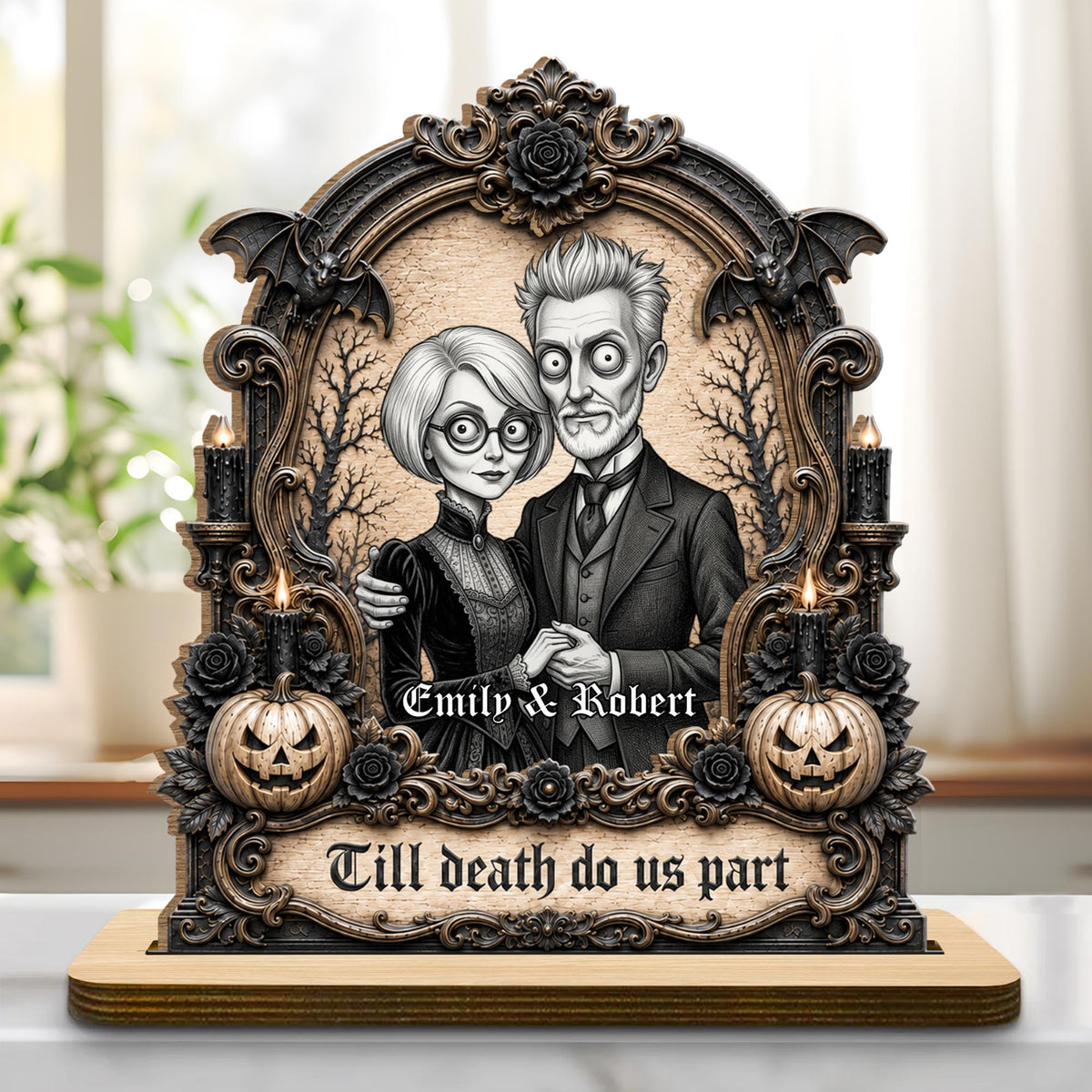Till Death Do Us Part Victorian Gothic Couple With Pumpkins And Bats - Personalized Custom 2-Layer Wood Plaque With Flat Base - CPL2105_WPLA