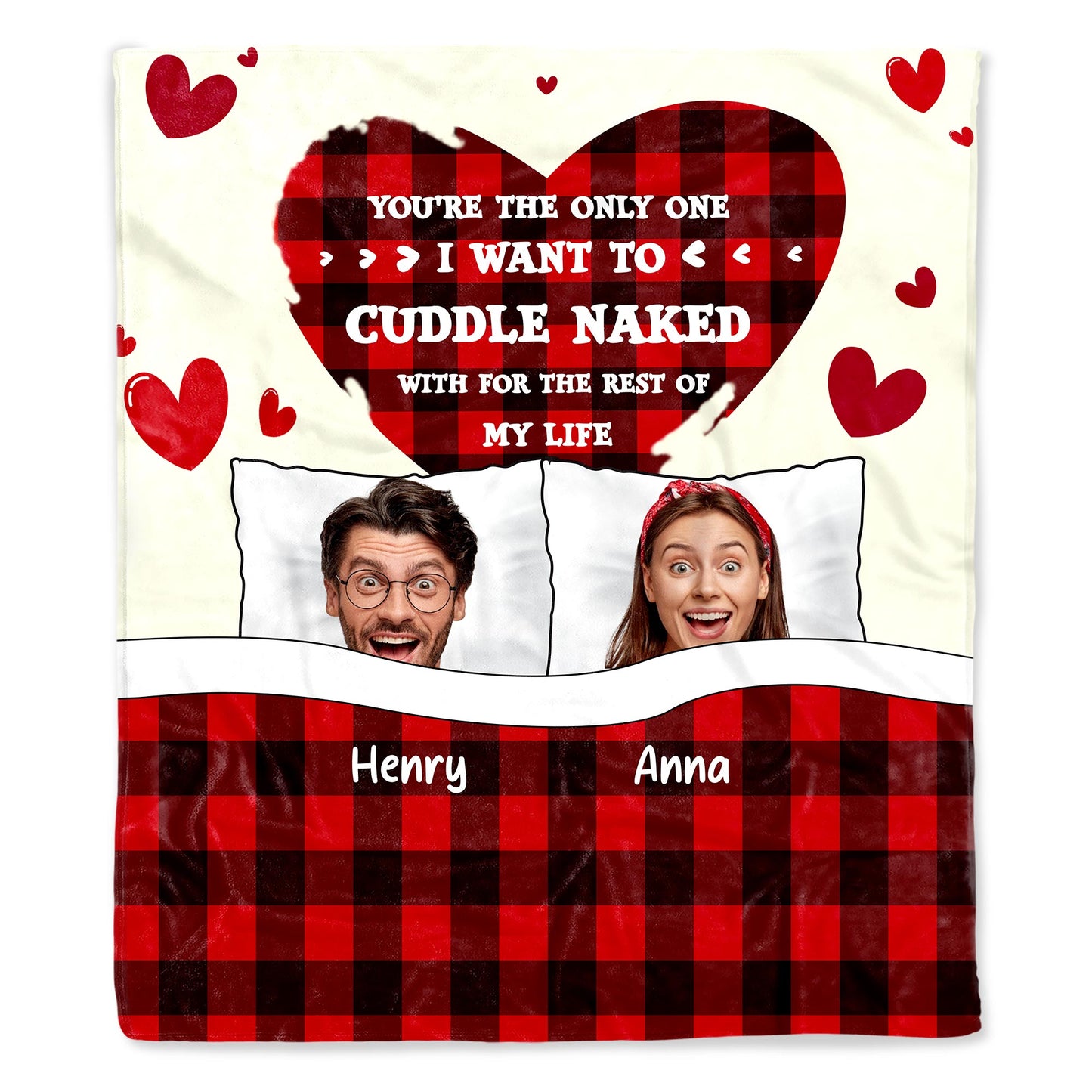 Cuddling Naked Forever Romantic Quote With Hearts And Plaid Design